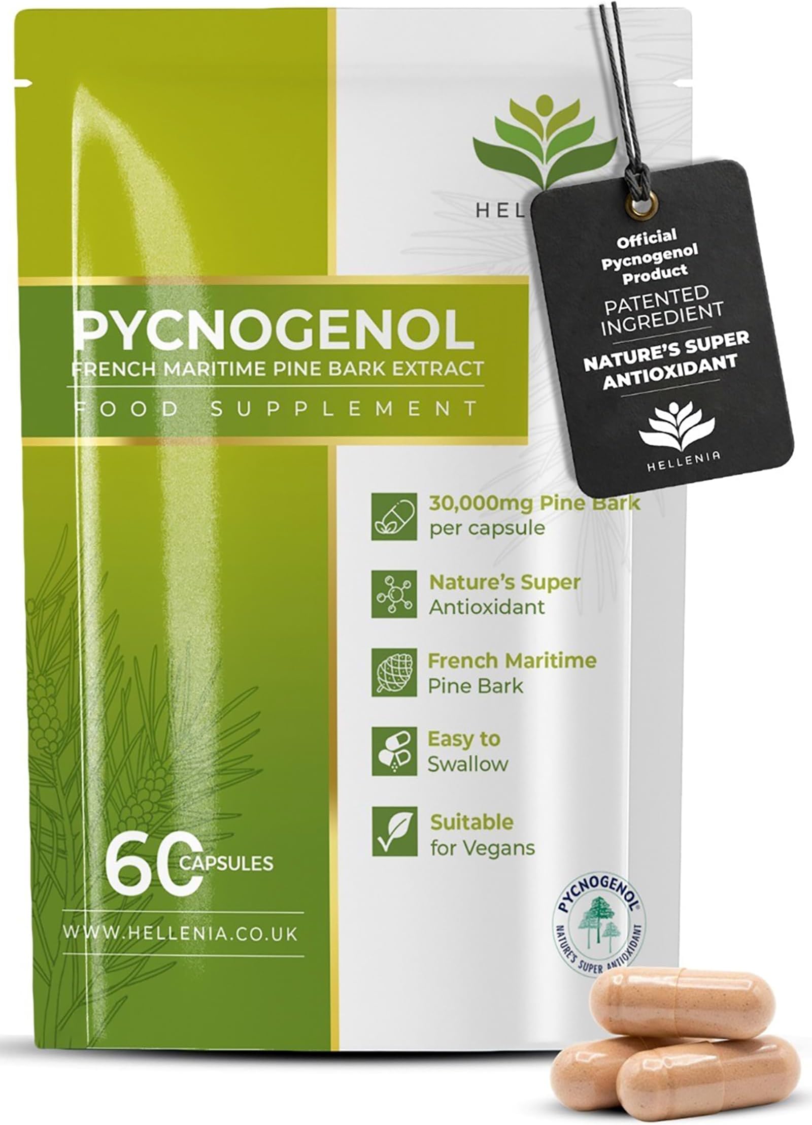 Pycnogenol® French Maritime Pine Bark Extract - 60 Capsules | Providing Naturally Powerful Bioflavonoids | High Bioavailability Pycnogenol | Suitable for Vegans - Made in the UK by Hellenia