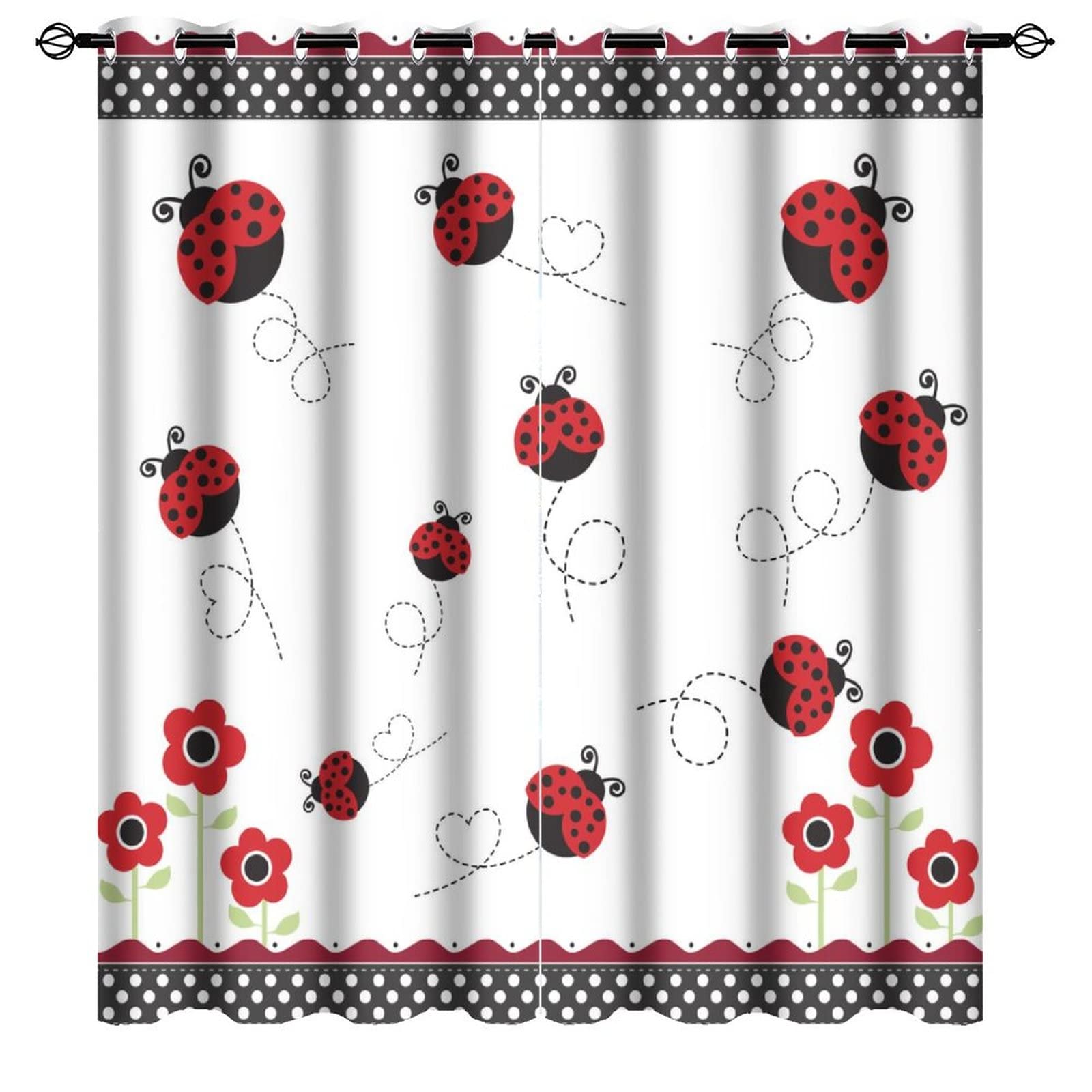 Cartoon Red and Black Plaid Ladybug Ultra Soft Premier Blackout Curtains,Cute Forest Animal Theme Dot DecorThermal Insulated Bedroom Noise Reducing Patio Door Grommet Top,2 Panels 72L x 31.5W