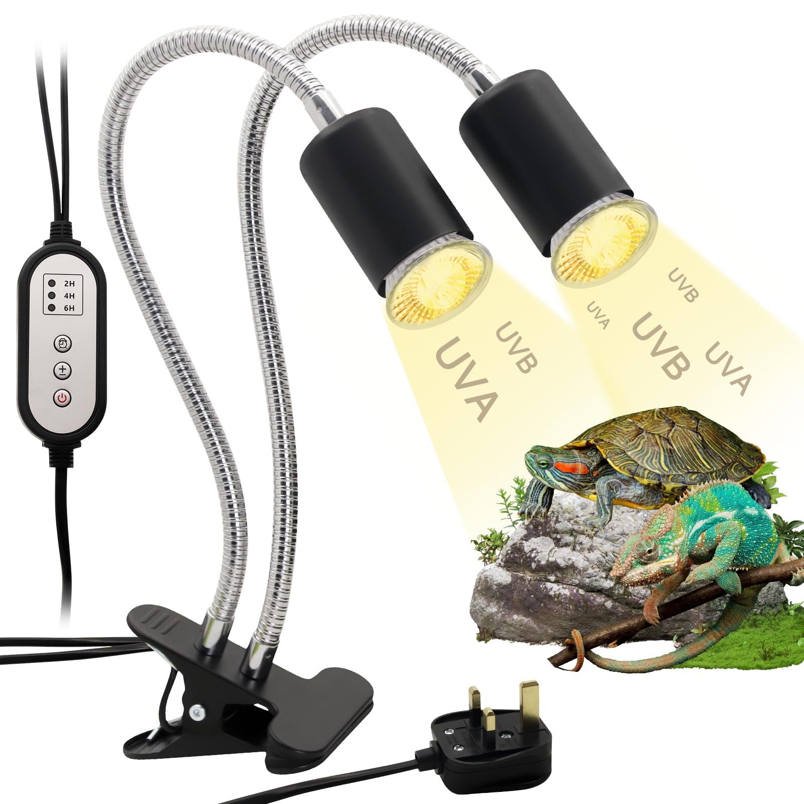 Lampe chauffante tortue à double tête pour reptile avec pince, rotation à 360 °, lampe chauffante UVA UVB avec minuterie de cycle pour tortue, dragon, serpents, lézards