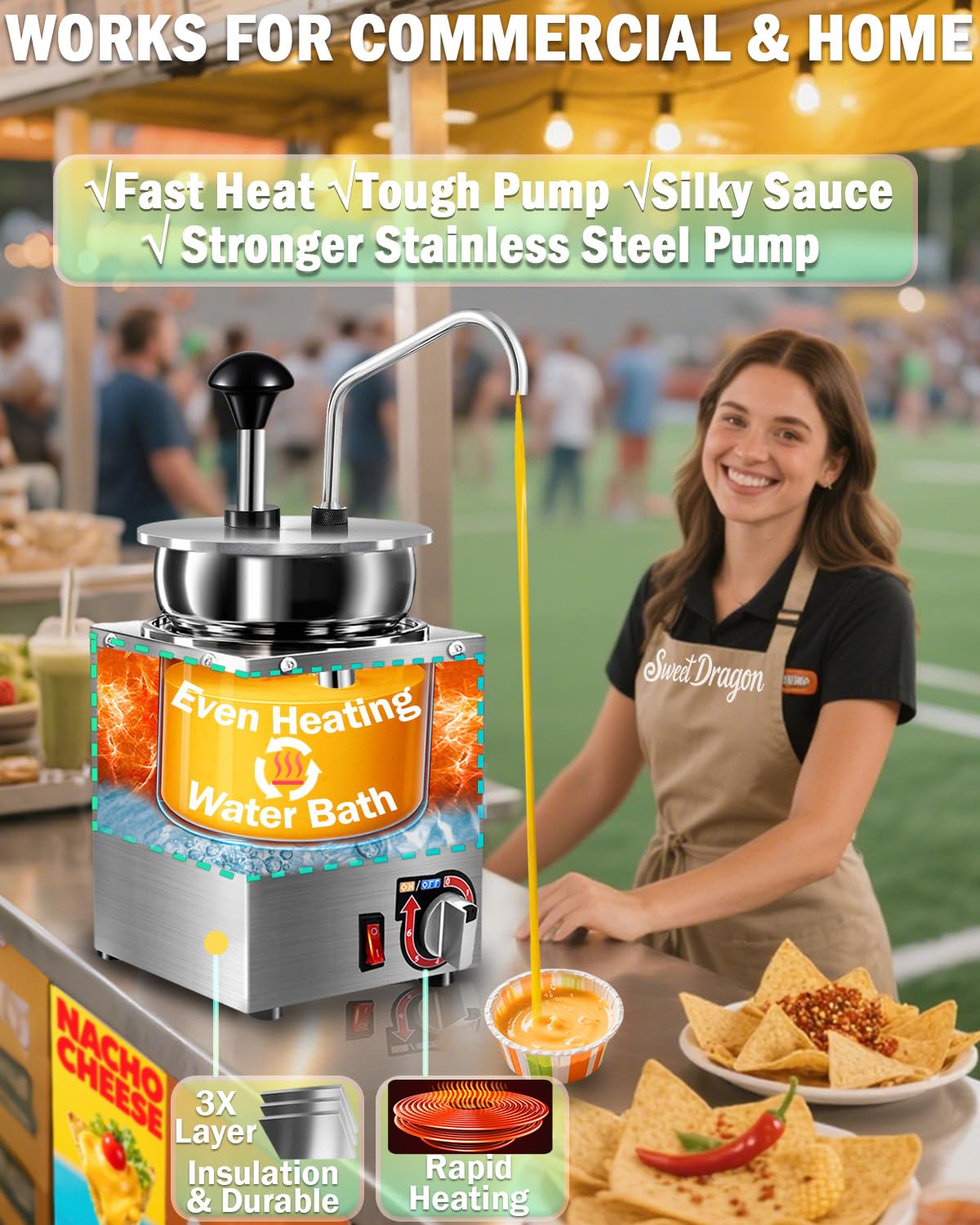 Dispensador de queso Nacho, calentador de queso nacho de 4.6 cuartos de galón con bomba de acero inoxidable, calentador de dulce caliente con ajuste de temperatura de 6 niveles, máquina dispensadora