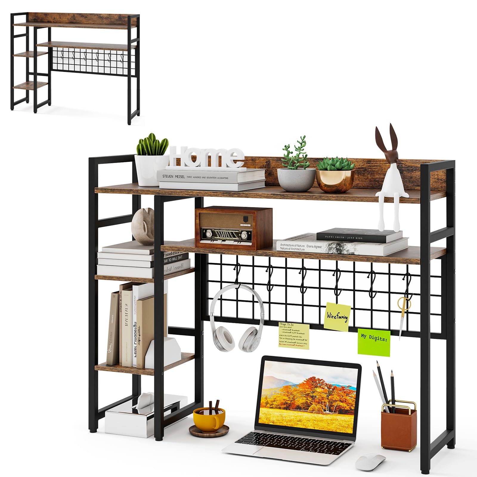 HOMASIS Étagère de Bureau à 4 Niveaux avec 6 Crochets et Grille, Etagère de Table en Bois et Métal, Organiseur de Bureau pour Ecrans avec Dispositif Anti-Basculement, 94 x 25 x 74 cm (Marron、)