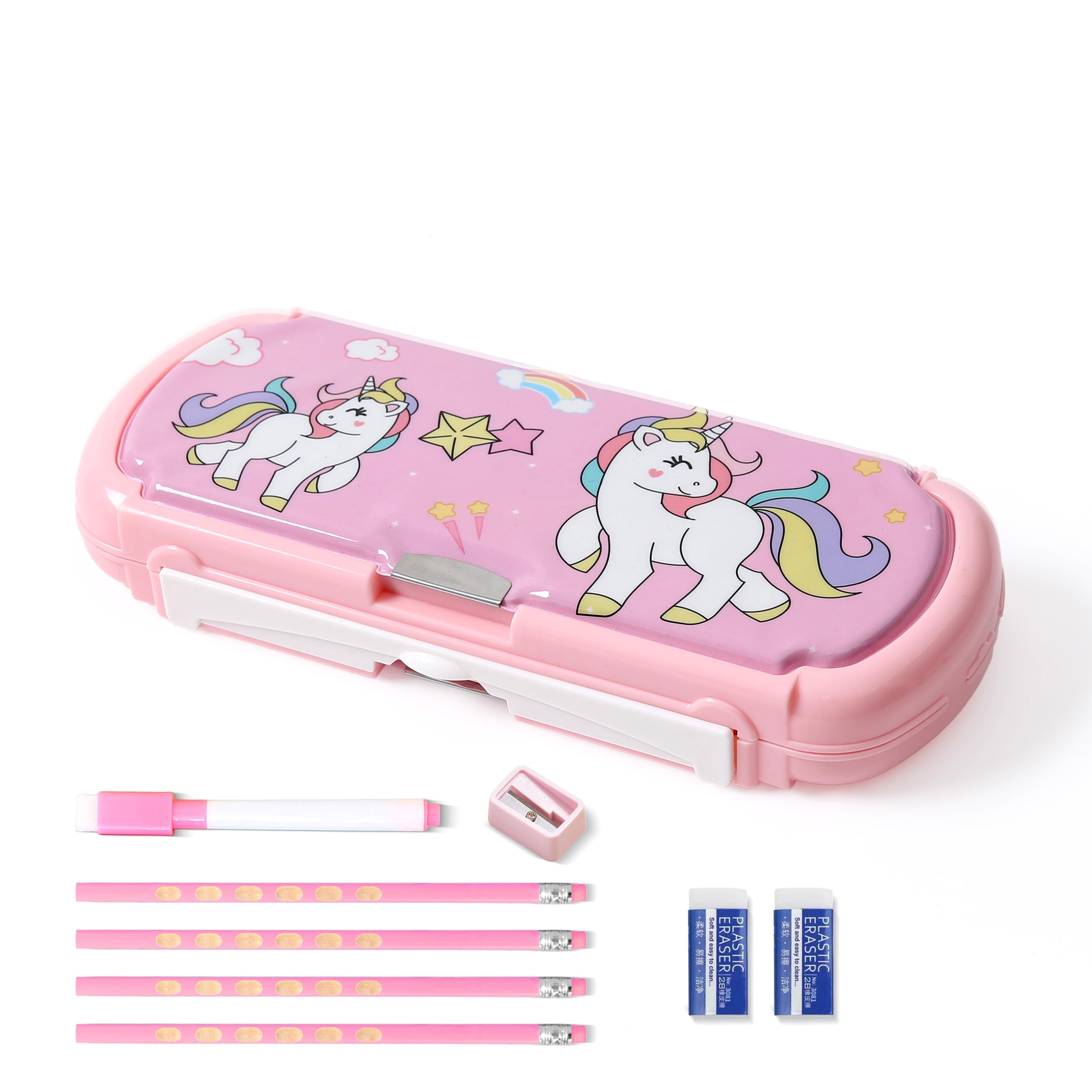 Ristpal Multifunction Pencil Case with Whiteboard for Kids, Pencil Holder for Students, Cute Pencil Box for Girls and Boys with Pencil, Erasers, Sharpener, Back to School Supplies (Pink)