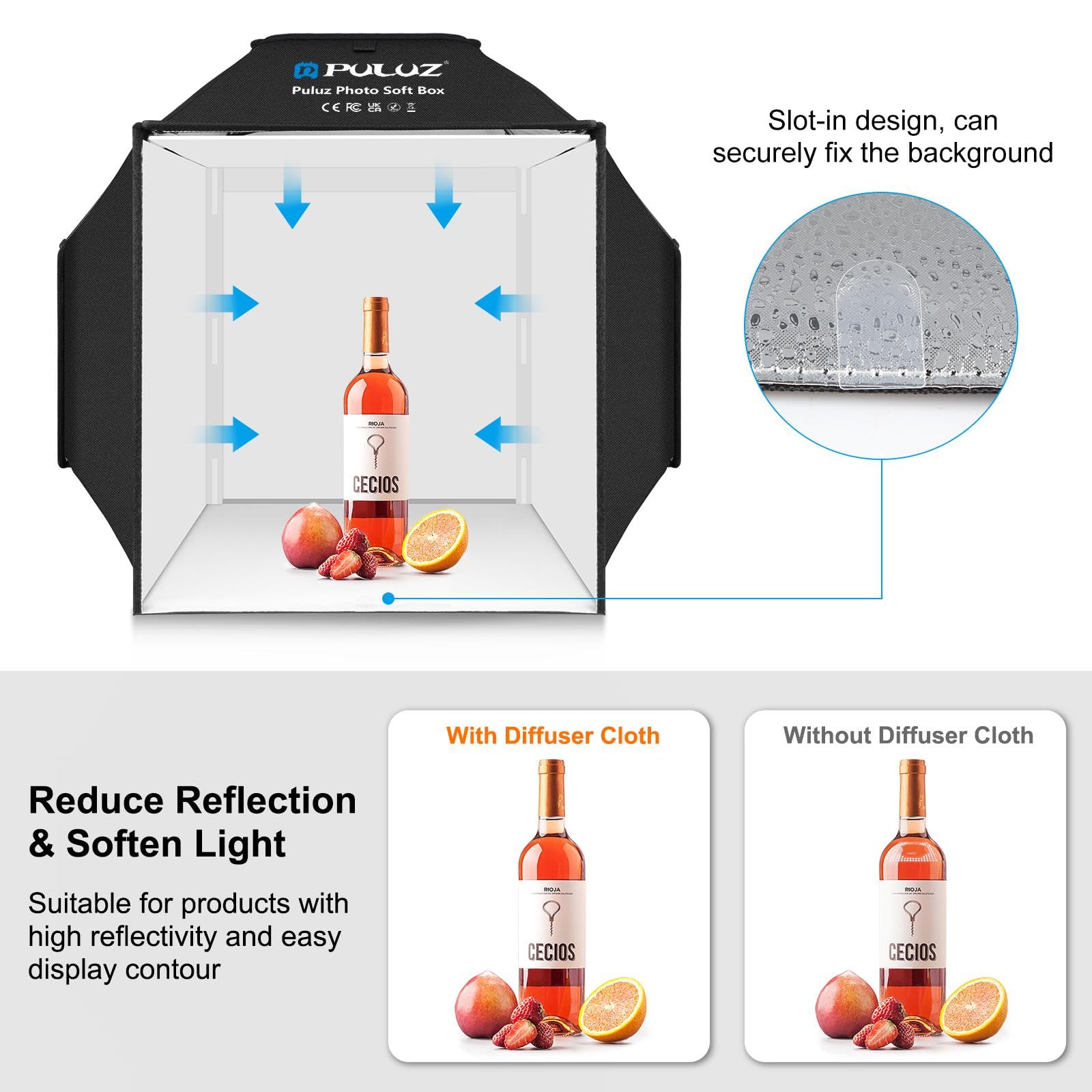 PULUZ 40x40cm Studio-Lichtbox mit 480 LEDs, 4-farbigem PVC-Fotohintergrund, Fotostudio-Zelt für Schmuck und Produkte, tragbare Lichtbox, Bilderbox für die Fotografie (Upgrade)