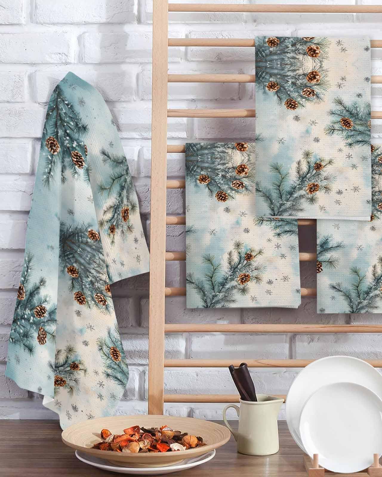 Hokiten Blue Christmas Waffle Kitchen Towels Dishcloths, Xmas Botanical Pine Cones Absorbent Dish Towels | Hand Towels for Bathroom/Bar, 16 x 24 Inch, 3 Pcs