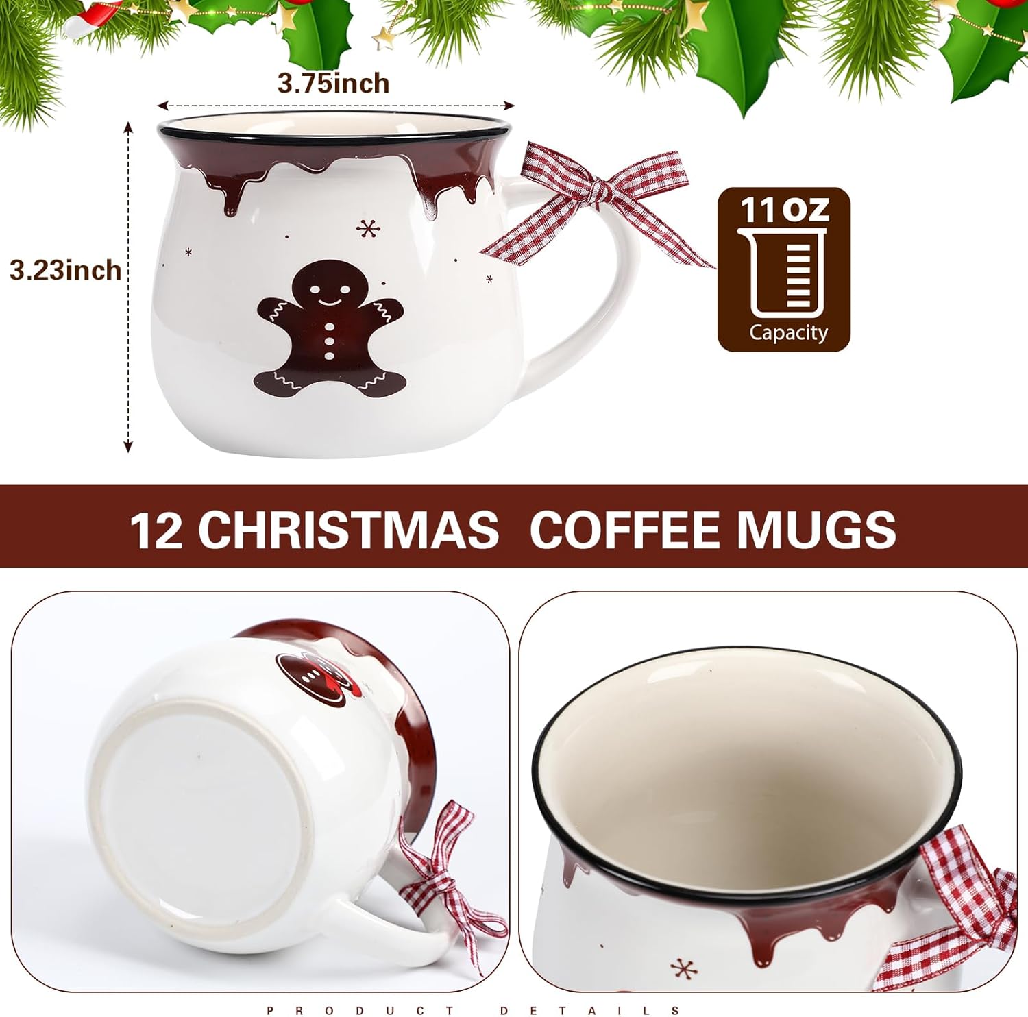 Jinei Set of 6 Christmas Coffee Mugs Gift, 12 oz Hot Cocoa Ceramic Cup for Holiday Milk Tea Mugs Coffee Bar Decoration Christmas Gift for Mom Woman Family Friend(Ginger,Gingerbread) - Image 4