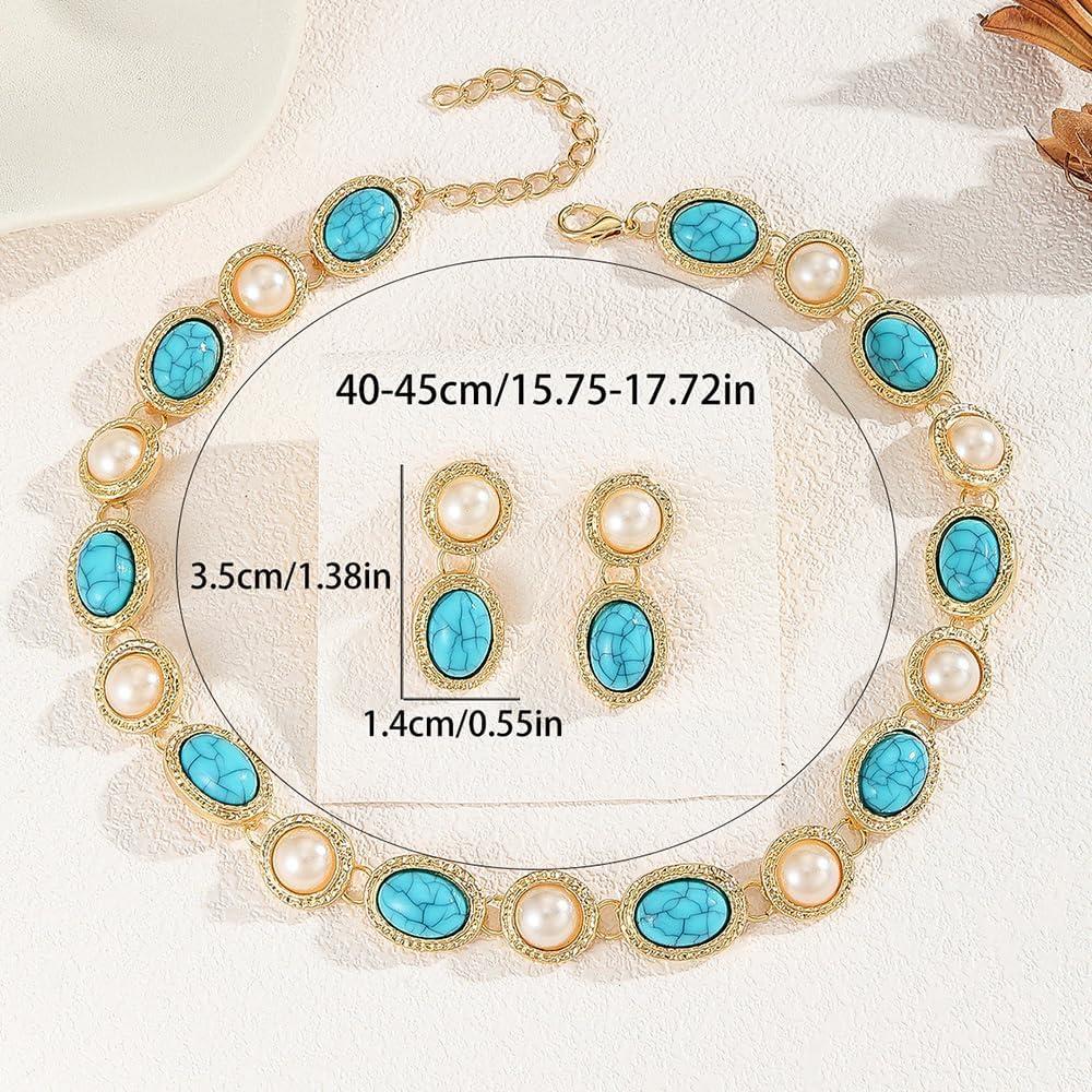 Lake Blue Sparkly Faux Turquoise 1920s Faux Pearls Choker Earrings Wedding Jewelry Set Fashion Circle Jewelry Set Halloween Necklace Earrings for Women - Image 6