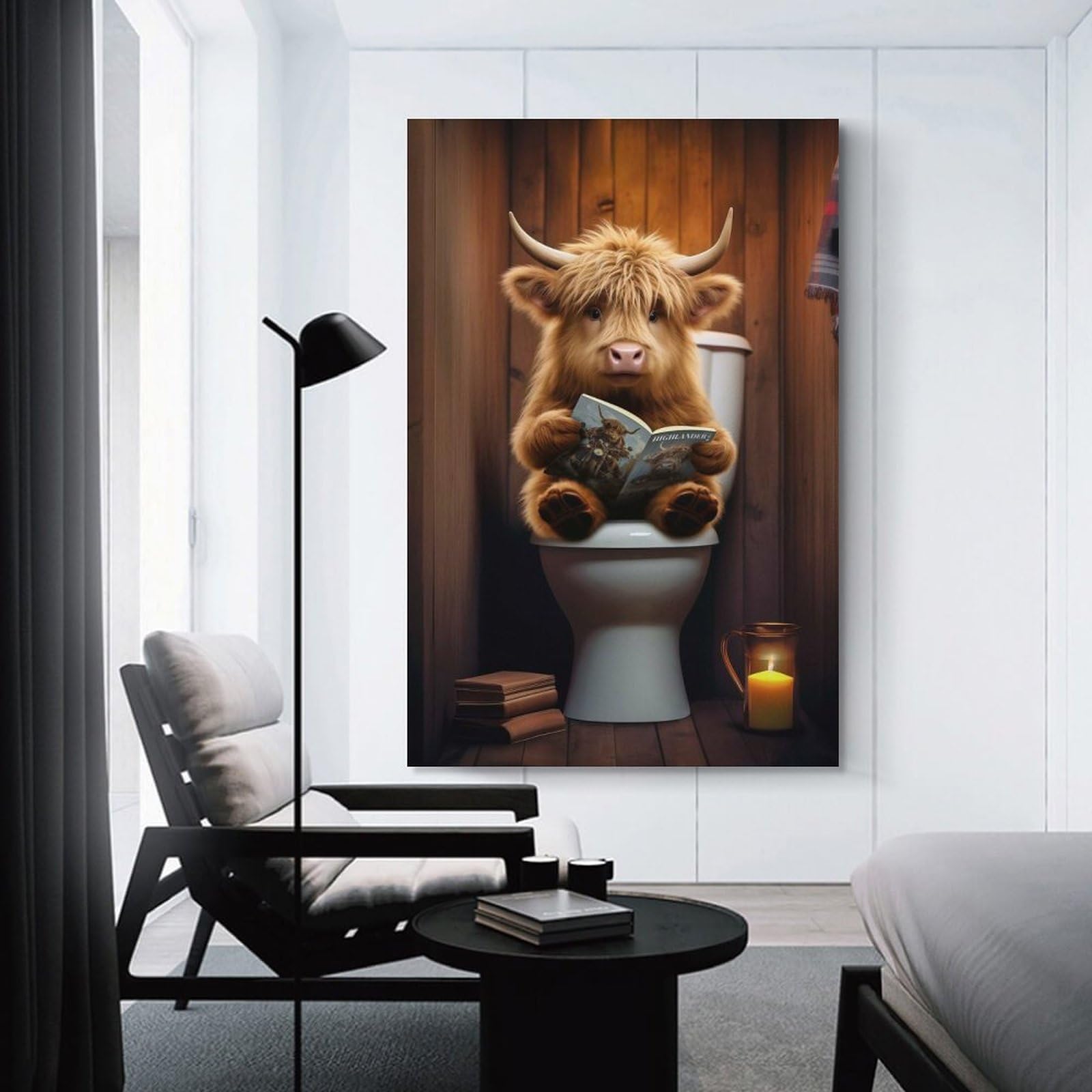 Junmoney Unframe-Style-22 Baby Highland Cow Toilet Canvas Wall Art 08X12inch(20X30cm), For Office Decor, Home Working Or Creative Rooms, Wall Art That Adds Style To Work Areas