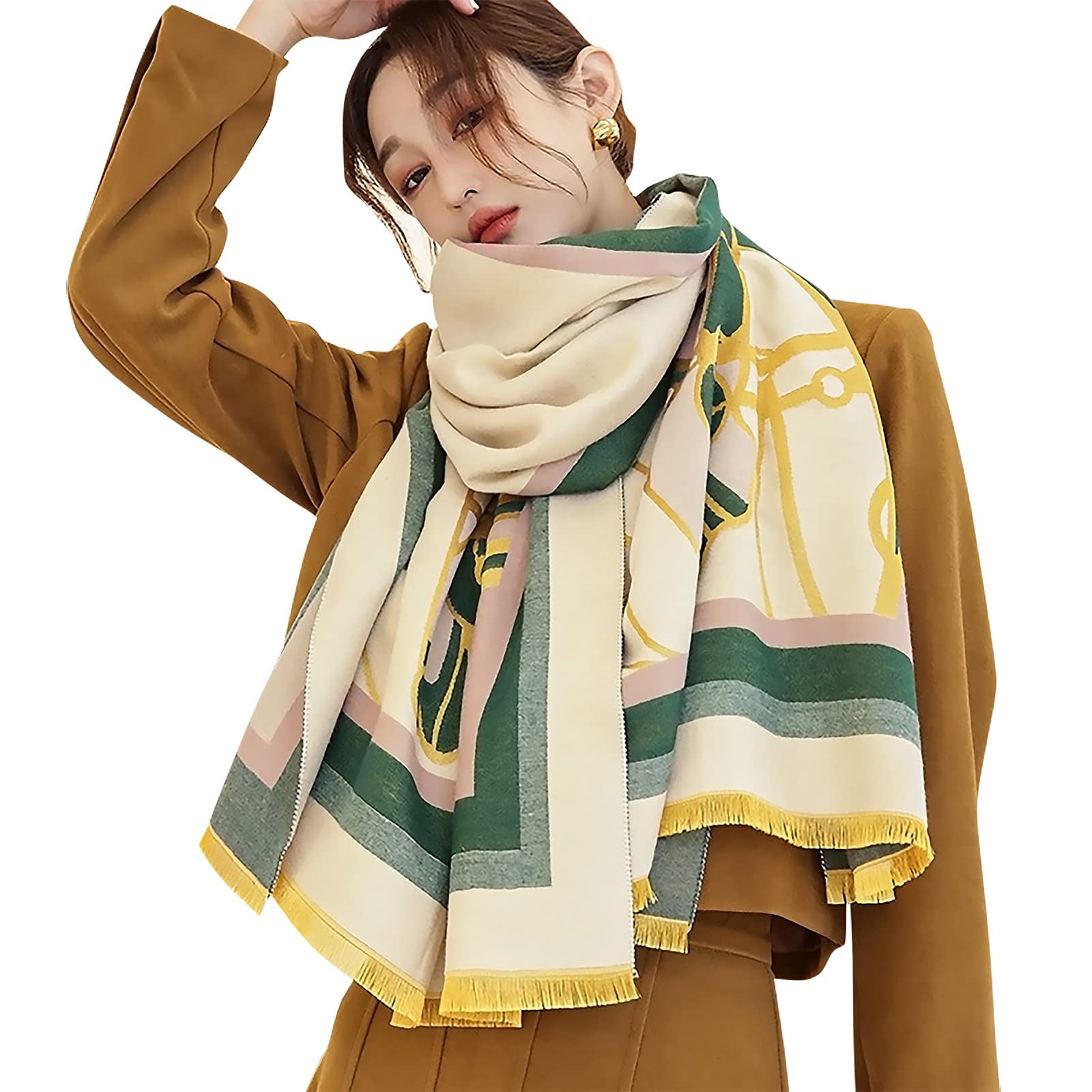 Lumisyne Women's Green Winter Scarf Cashmere Shawl For Color Splicing Animal Pattern Warm Pashmina Scarves With Tassel Soft Wool Thickened Wrap