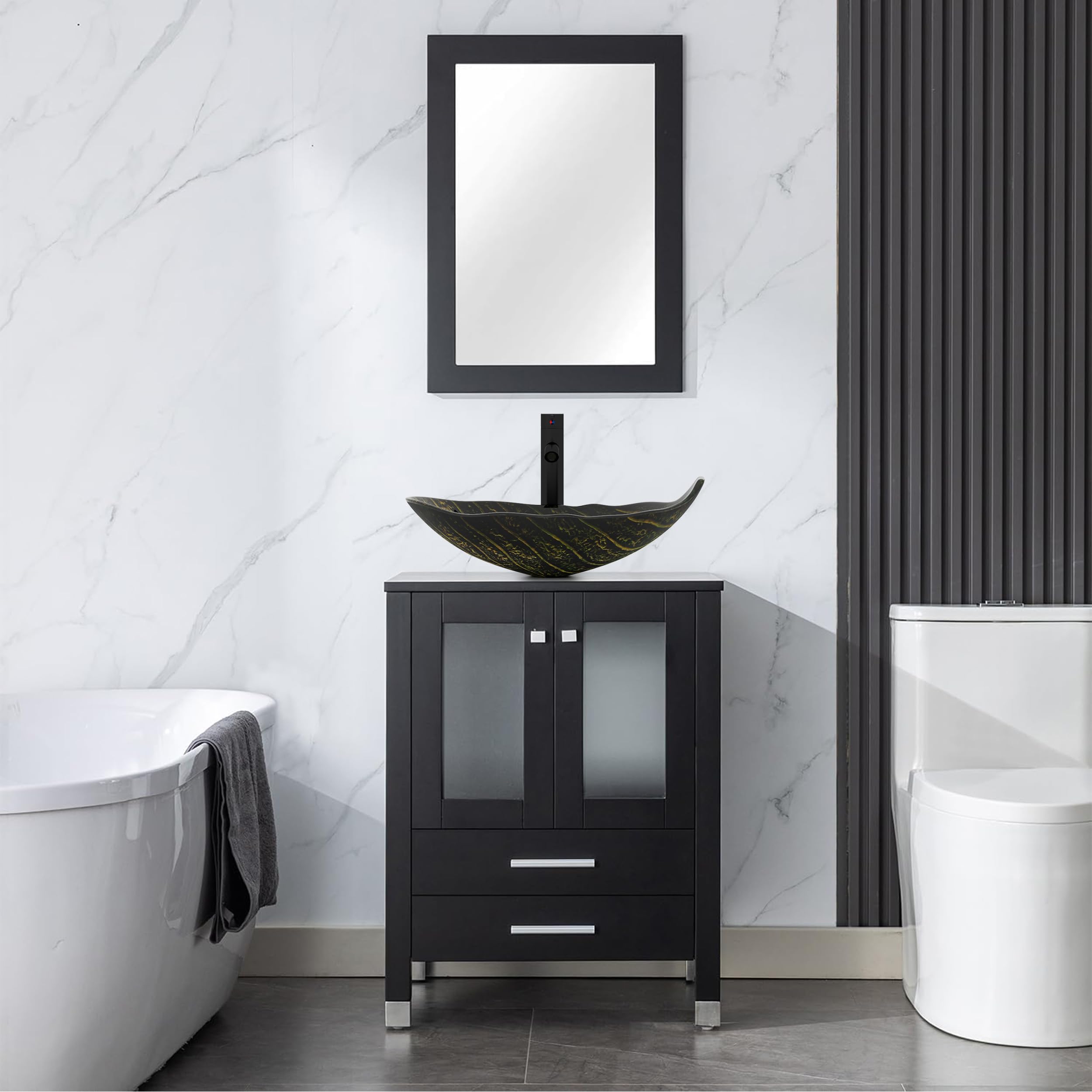LUCKWIND 24 inch bathroom vanity with a leaf shaped tempered glass vessel sink and two drawers
