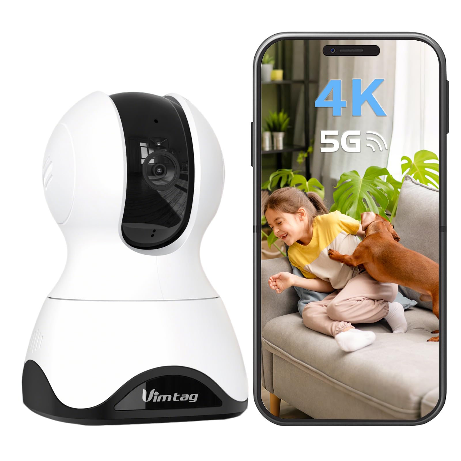 VIMTAG 4K UHD Pet Camera Indoor with Phone App, 360° Dog Camera with Speaker, Indoor Cameras for Home Security, 5G/2.4G WiFi, Motion Tracking&AI Detection, 2-Way Audio, Night Vision, SD/Cloud Storage