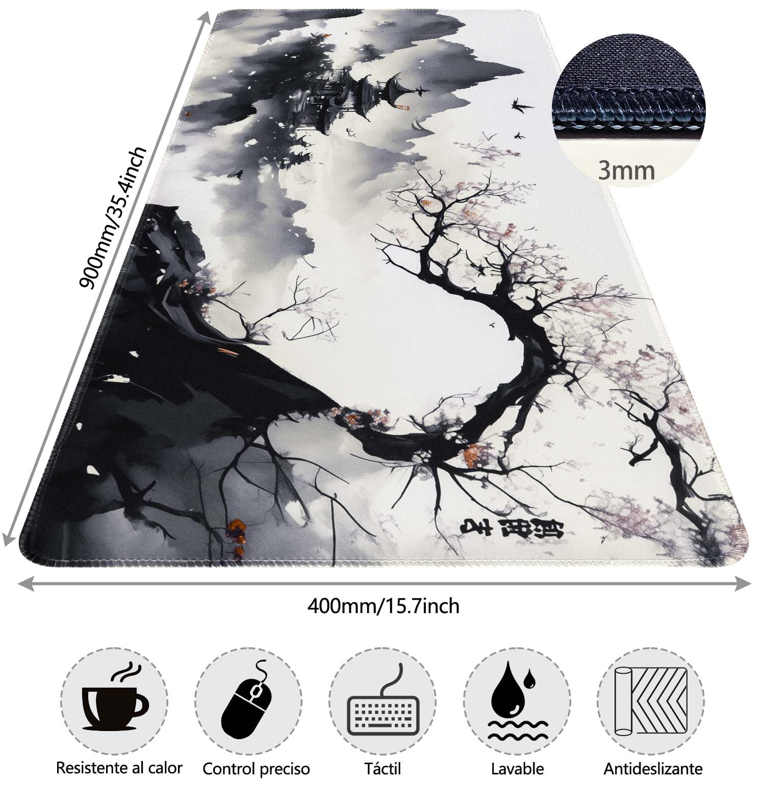 Alfombrilla Ratón XXL Japonesa Grande Gaming 900 x 400 mm, Alfombrilla Escritorio Antideslizante con Base de Goma, Mousepad Bordes Cosidos Impermeable para Oficina Ordenador Juegos&Tapete