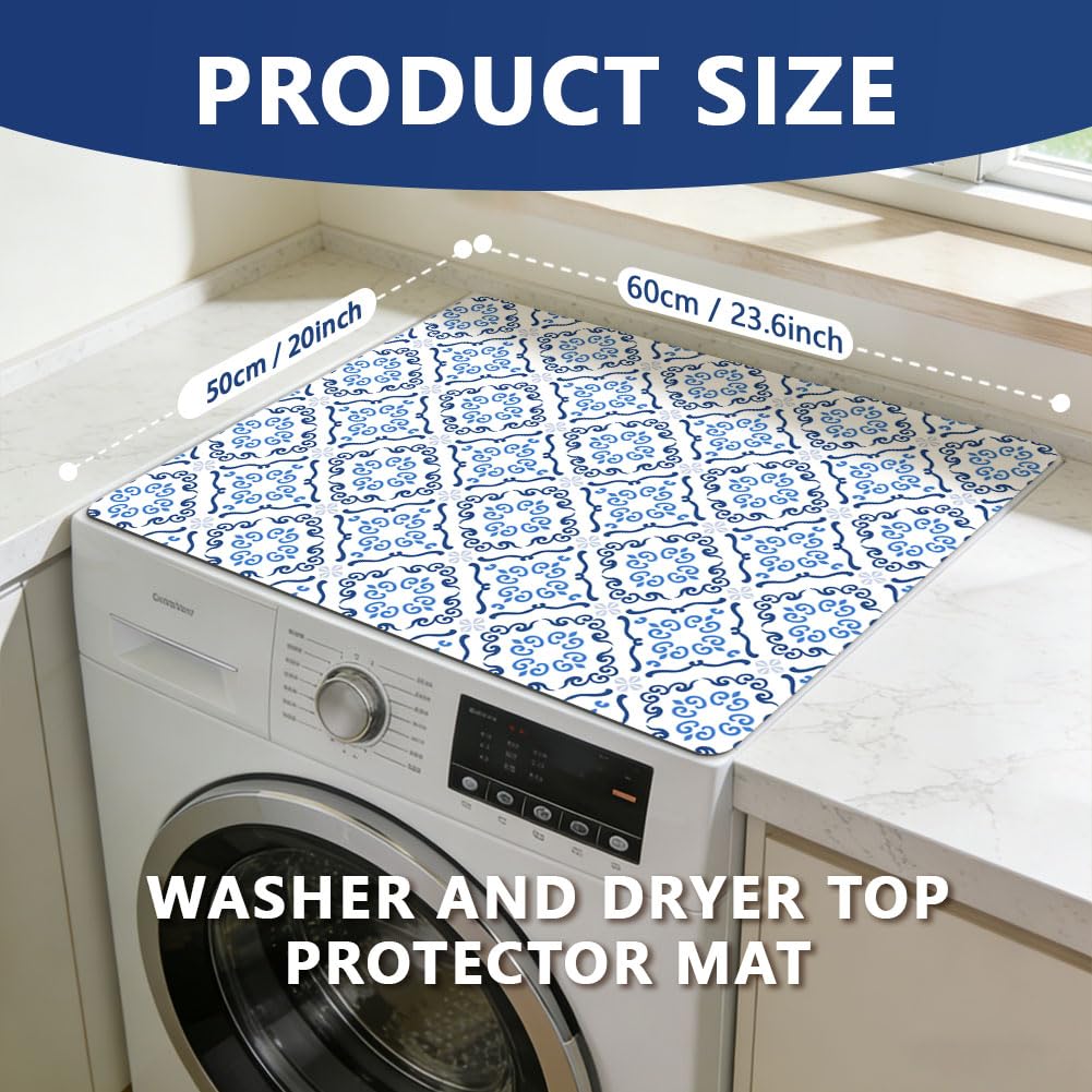 SUPERDANT Tappetino per lavatrice per lavatrice e biancheria a carico dall'alto, 60 x 50 cm, impermeabile, antiscivolo, copertura del dispositivo con motivo marocchino blu per l'arredamento della