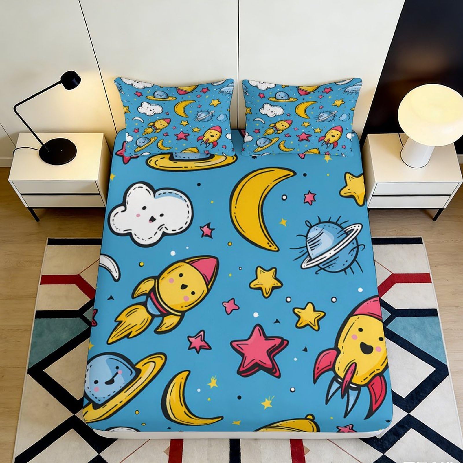 3D Printed Cartoon Space Rocket Fitted Sheet Microfiber Mattress Cover Stars Moon Blue for Bedroom Dorm Use 160x200x25cm
