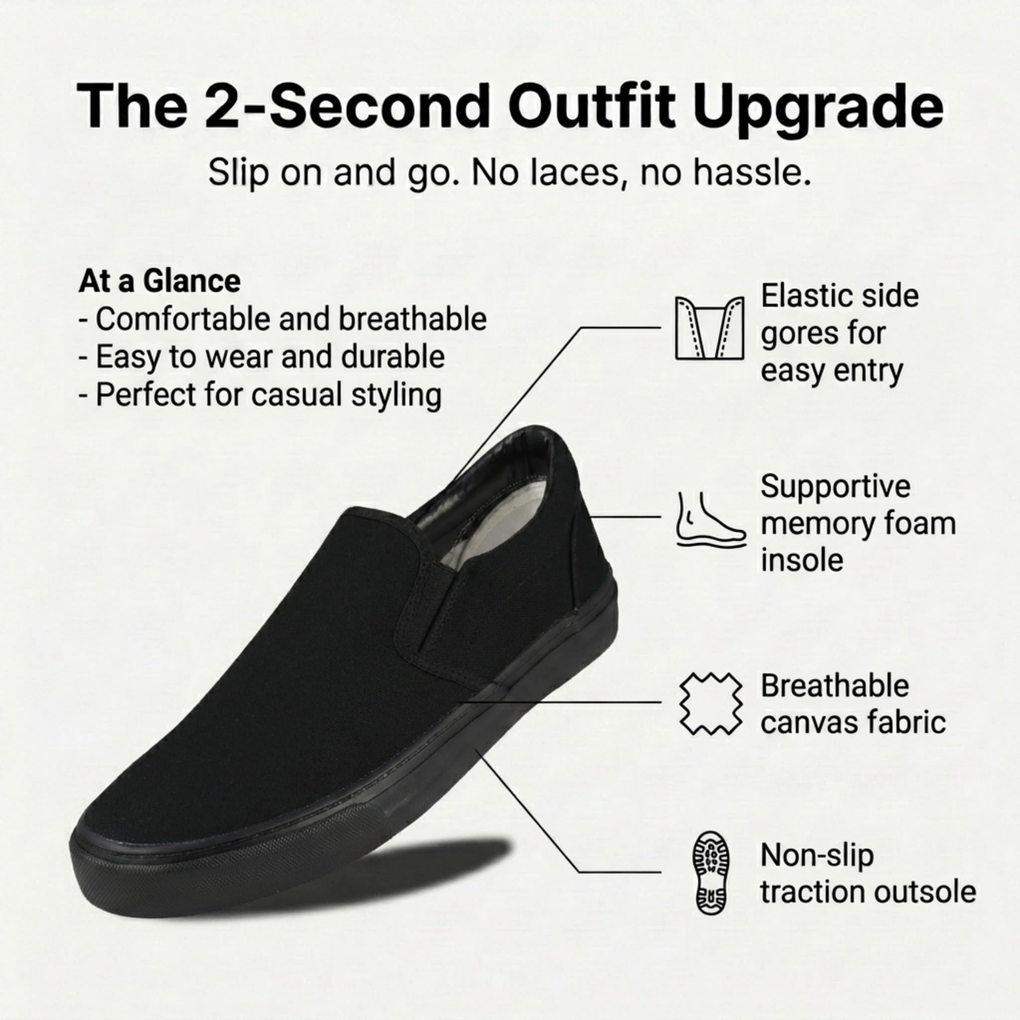 hello basics Men's Canvas Slip On Shoes for Men, Laceless Low Top Sneakers Mens Slip On Sneakers (All Black, 11)