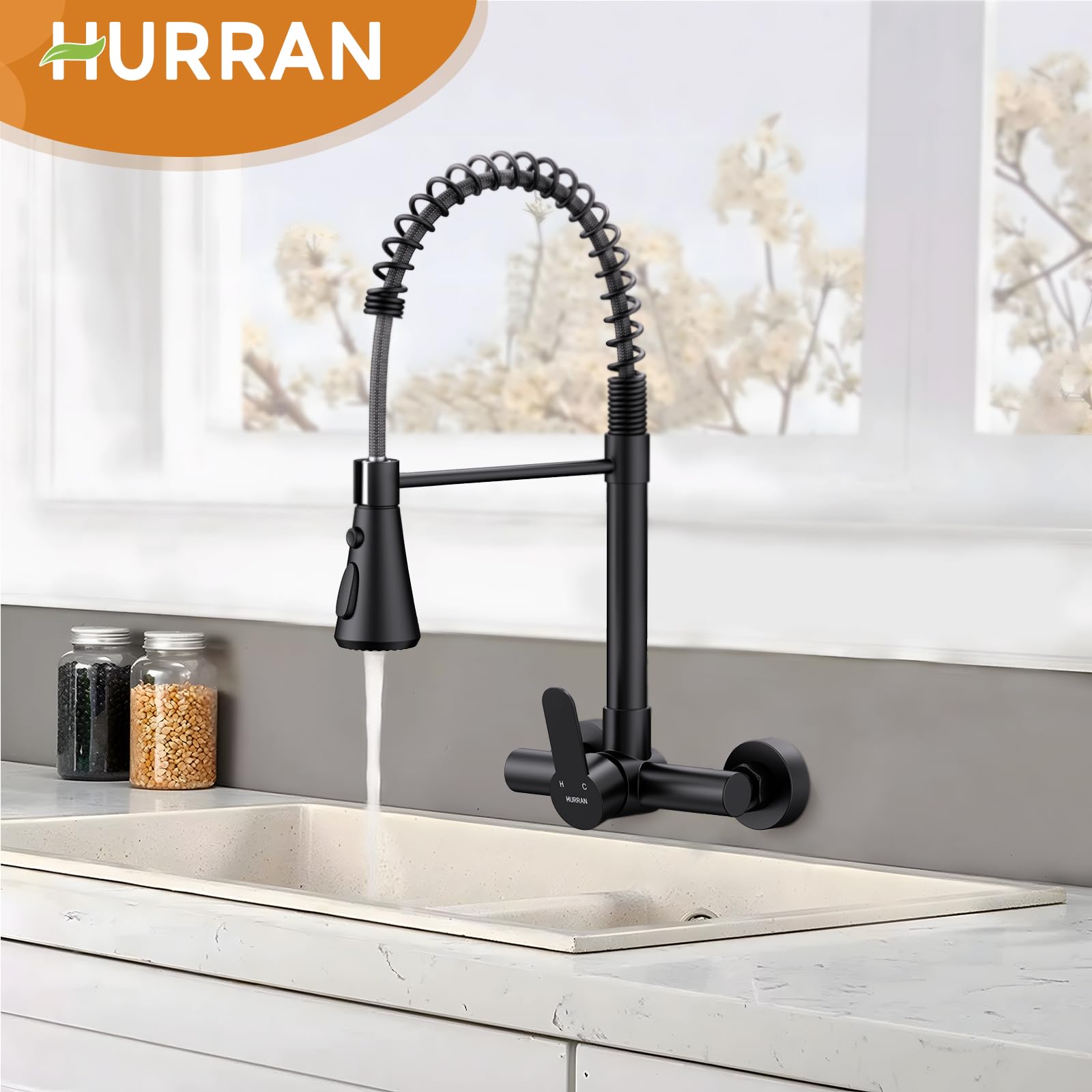 HURRAN Grifo Mural de Cocina, Grifo de Cocina con 3 Modos de Salida, Grifo Monomando Giratorio 360° de Acero Inoxidable, Negro Mate