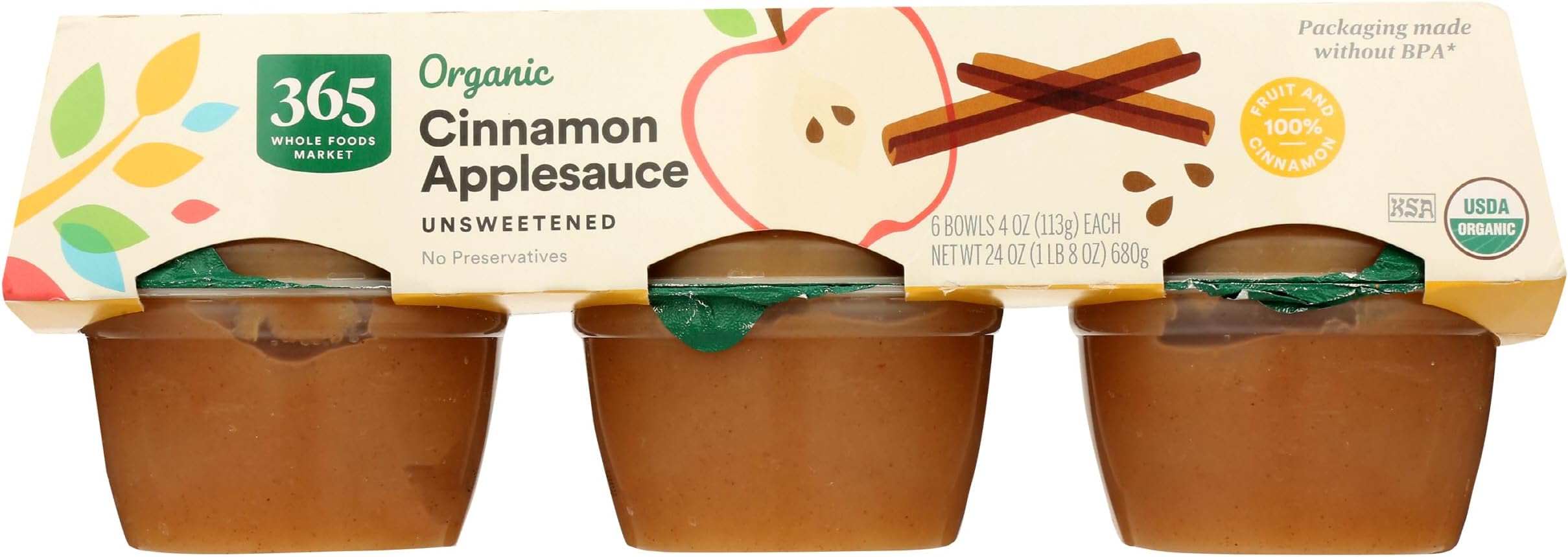 365 by Whole Foods Market, Organic Cinnamon Applesauce Cups, Unsweetened, 4 Ounce (Pack of 6)