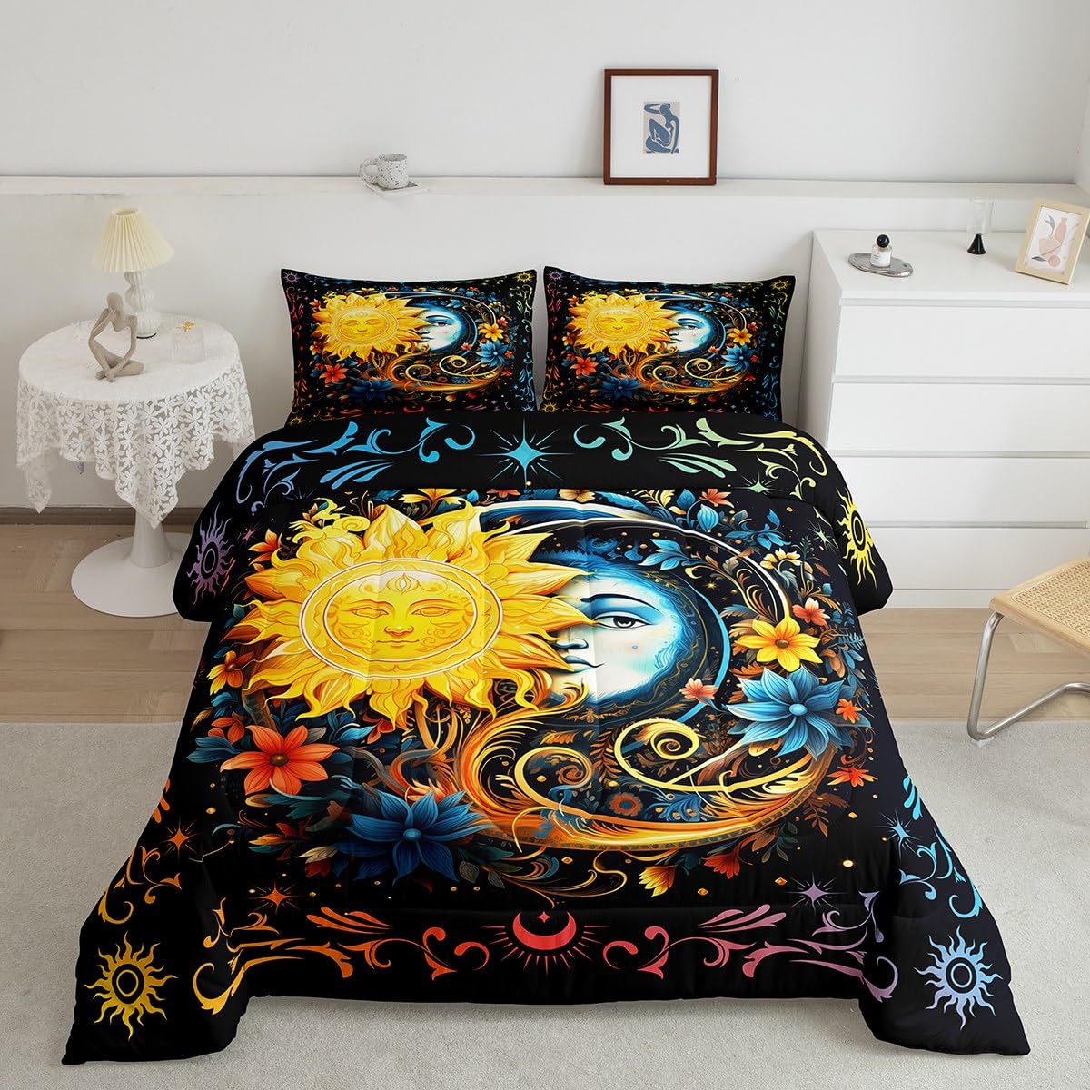 Rustic Farmhouse Style Bedding Comforter Sets Full,Bohemian Sun Moon Watercolor Flowers Floral Bedding Set for Bedroom decoration,Watercolor Galaxy