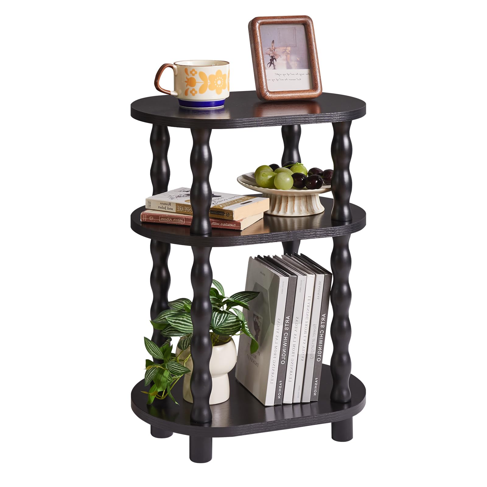 Aibiju 3 Tier Oval Side Table with Storage, Narrow End Table with Solid Wood Legs, Bedside Table Nightstand for Small Spaces, Bedroom, Living Room, Entryway, Black YD-ST004B