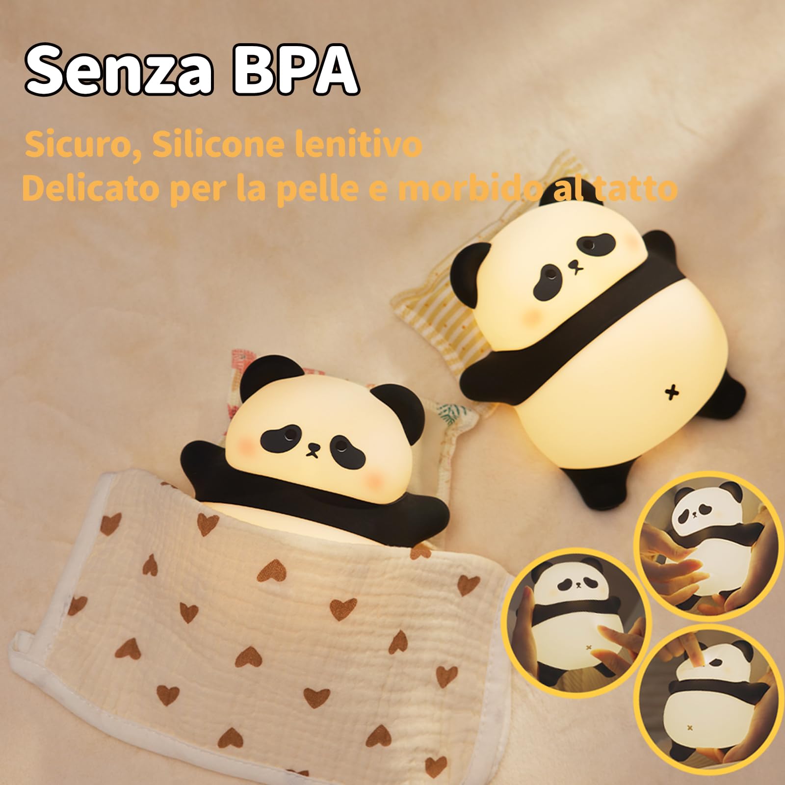 QIRAHQI Panda Luce Notturna Bambini, Ricaricabile USB Con Comandi Touch, 3 Livelli Di Luminosità, Timer Di 30 Minuti, Lampada Panda In Silicone, Lampada Da Comodino Per Decorare La Stanza Dei Bambini