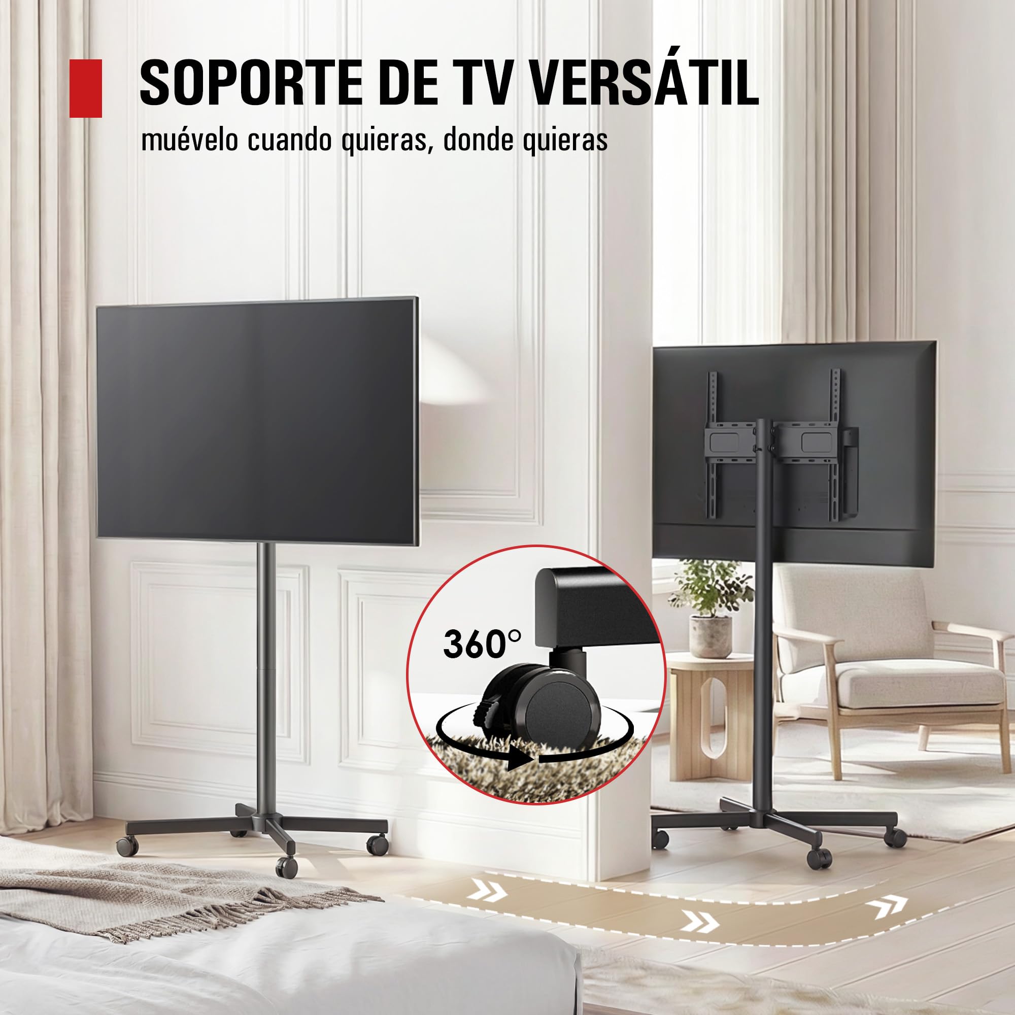 AOKCOS Soporte de TV enrollable para televisores de 32 a 65 pulgadas, inclinable y regulable en altura, con ruedas, diseño sin tornillos, soporte de suelo, universal, máx. VESA, 400 x 400 mm, 40 kg