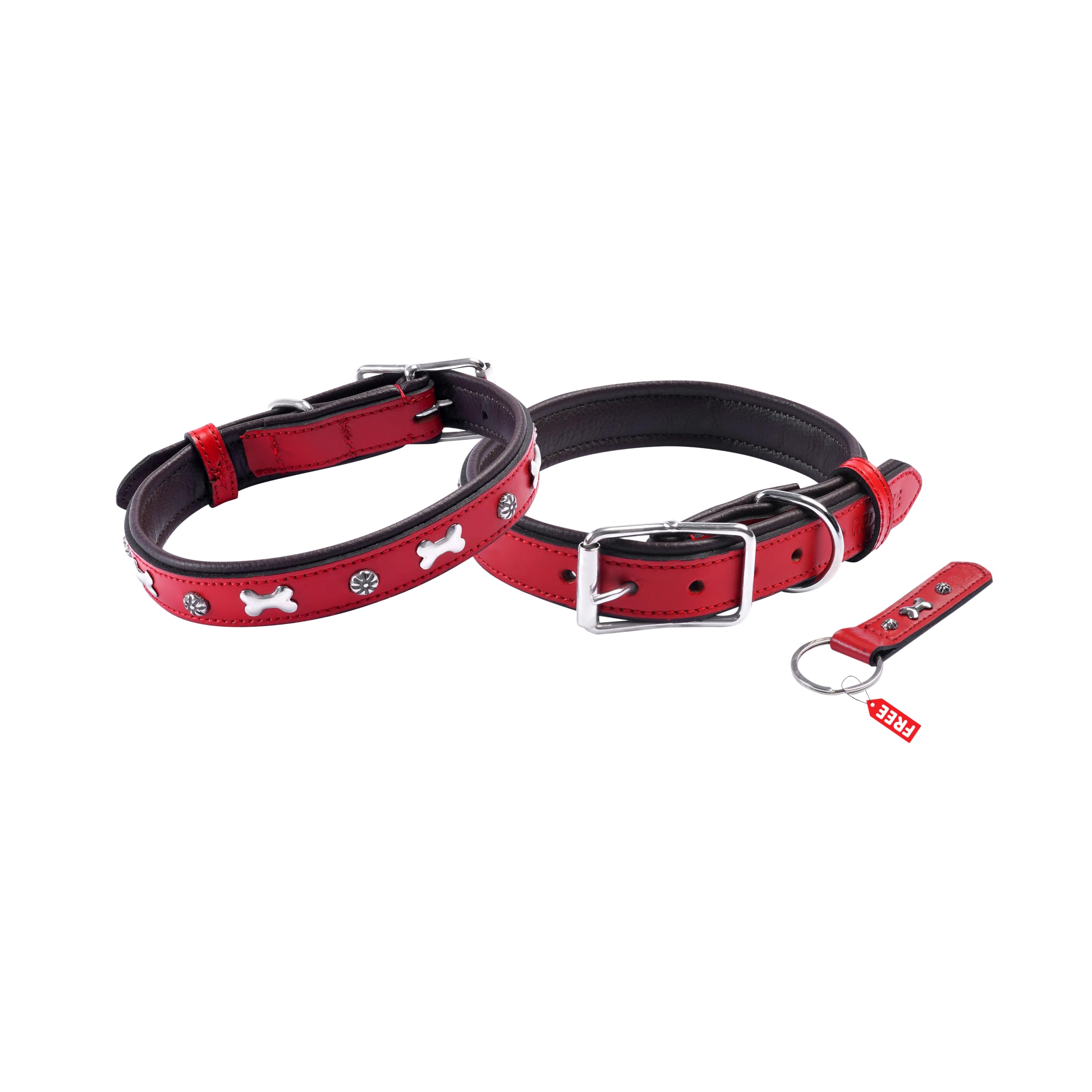 REDLUXE Genuine Leather Dog Collar with Bone Stud Design, Soft Padded Adjustable Pet Collar for Small, Medium & Large Dogs, Heavy Duty Metal Buckle & D-Ring,Free Matching Keyring (RED, S)