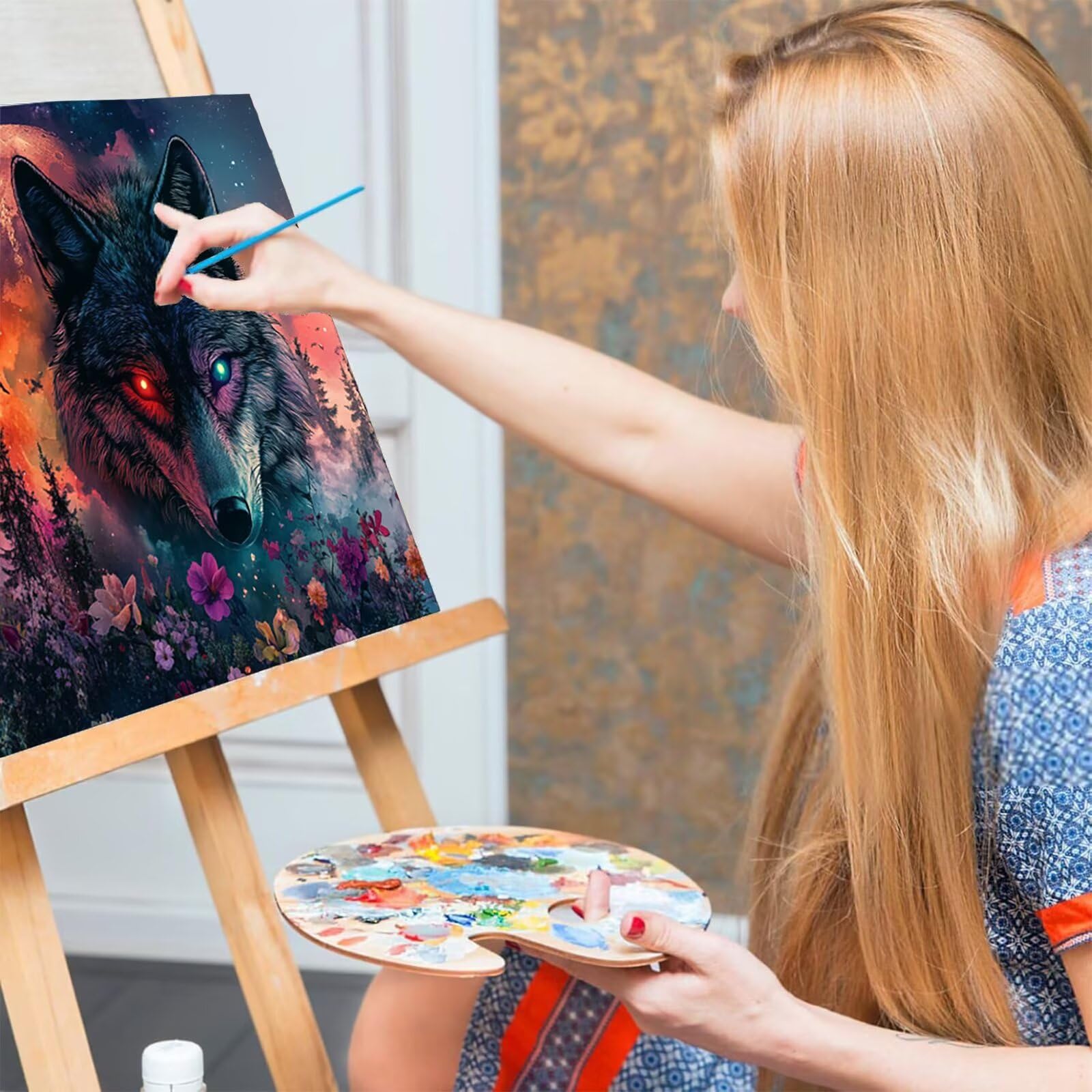 Malowanie według liczb, wilk, malowanie według liczb, 3 sztuki, "zrób to sam", 60 x 120 cm, malowanie według liczb, z pędzlami i farbą akrylową, zestaw do majsterkowania dla dorosłych, do dekoracji