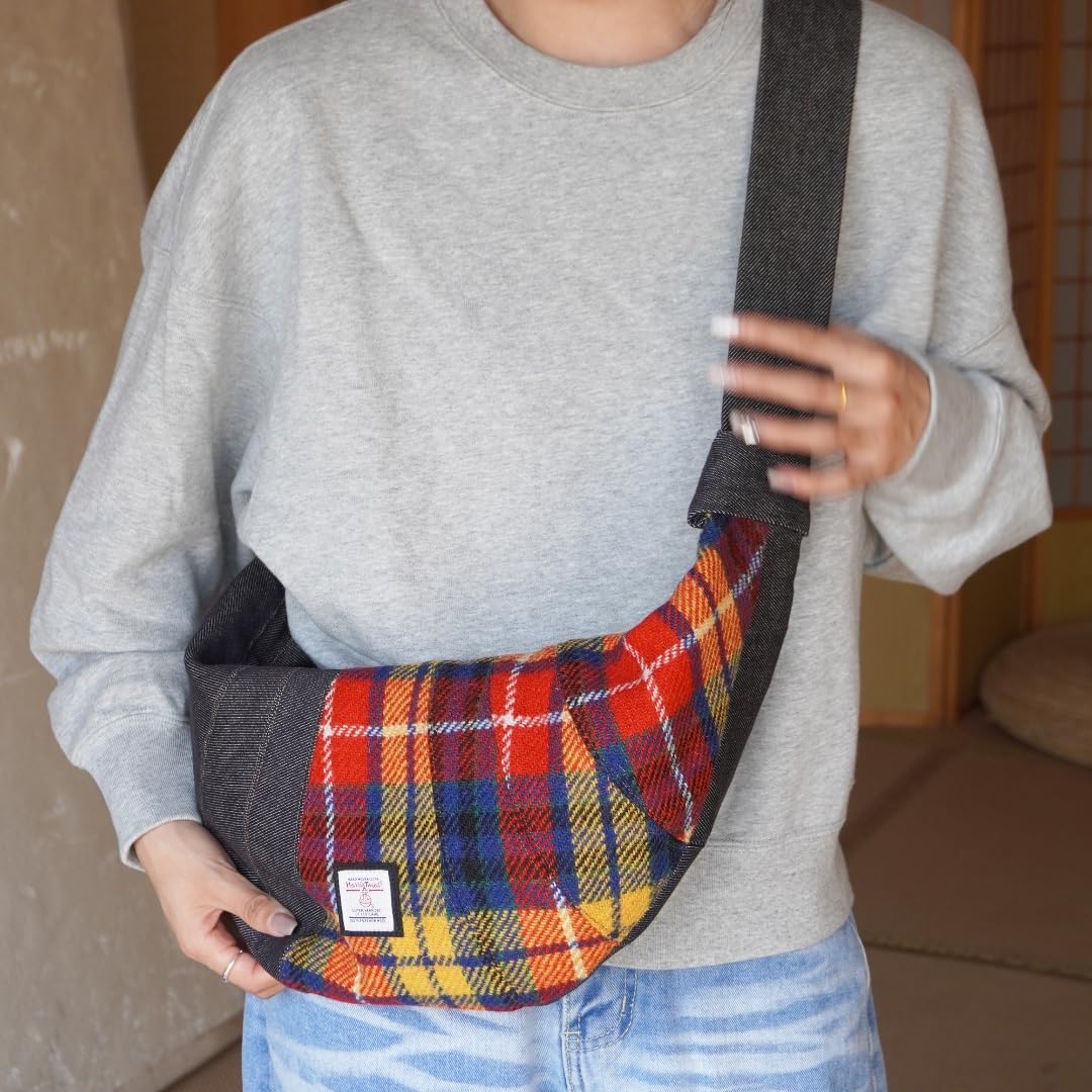 Harris Tweed Crescent Crossbody Bag for Women and Men, Tartan Wool & Denim Hobo Shoulder Bag, Vintage Travel Purse
