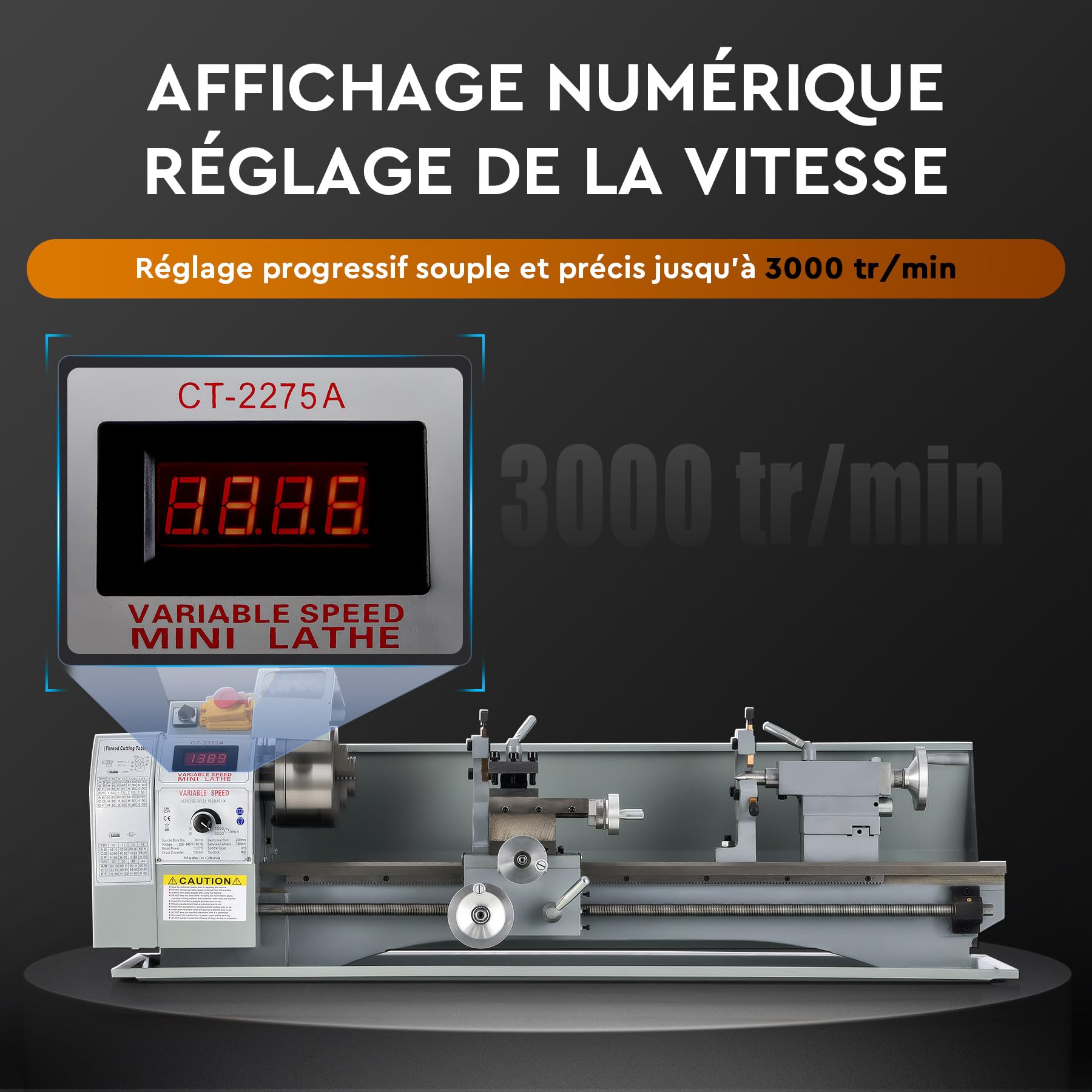 CREWORKS 1100W 220x750mm Tour à Métaux, Tour à Métaux de Précision, Tour Électronique Professionnel pour Traitement de Pièces de Précisions, Mini Tour Métaux de Table de Précision