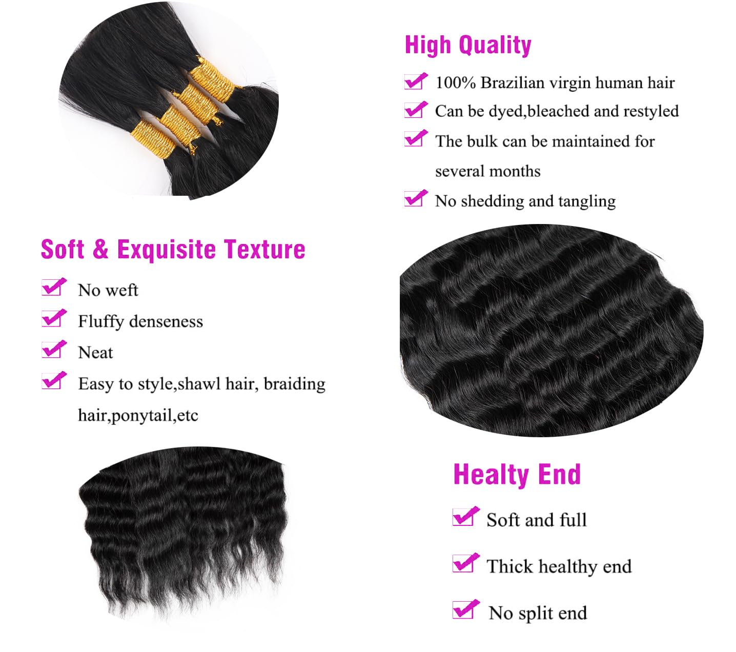 Super Wave Human Braiding Hair Wet and Wavy Human Hair Super French Bulk Human Hair No Weft 100g (1Pack-4PCS) For Boho Braids (Natural Black, 18 Inch)