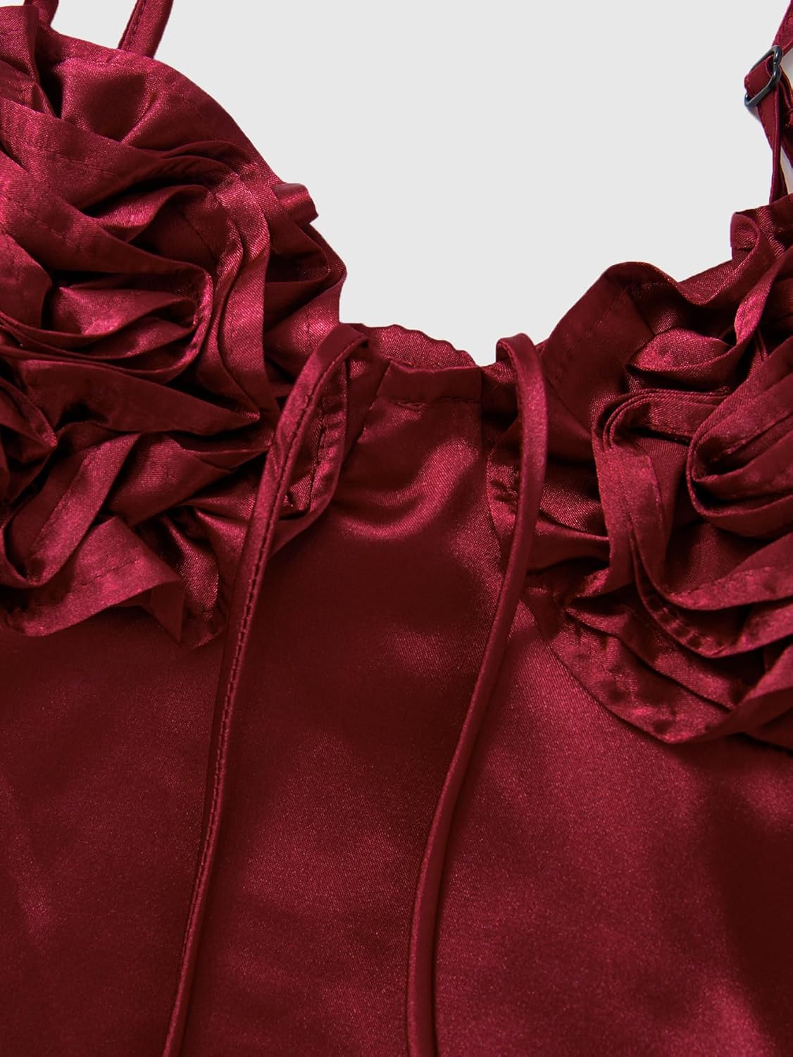 Women's Satin 3D Floral Top Summer Tie Front Deep V Neck Spaghetti Strap Camisole Going Out Tops - Image 4