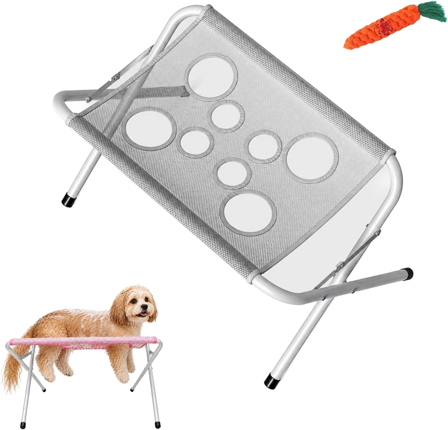Foldable Pet Bath Hammock, 8-Hole Mesh, Steel Frame for Grooming,Gray