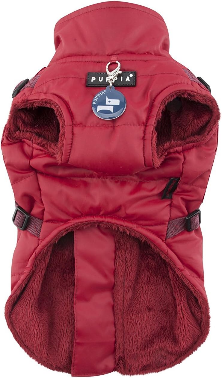 Puppia Wilkes Winter Dog Coat with Integrated Harness No Pull Cold Weather Waterproof Warm Fleece Back Zipper for Small & Medium Dog, Wine, Small