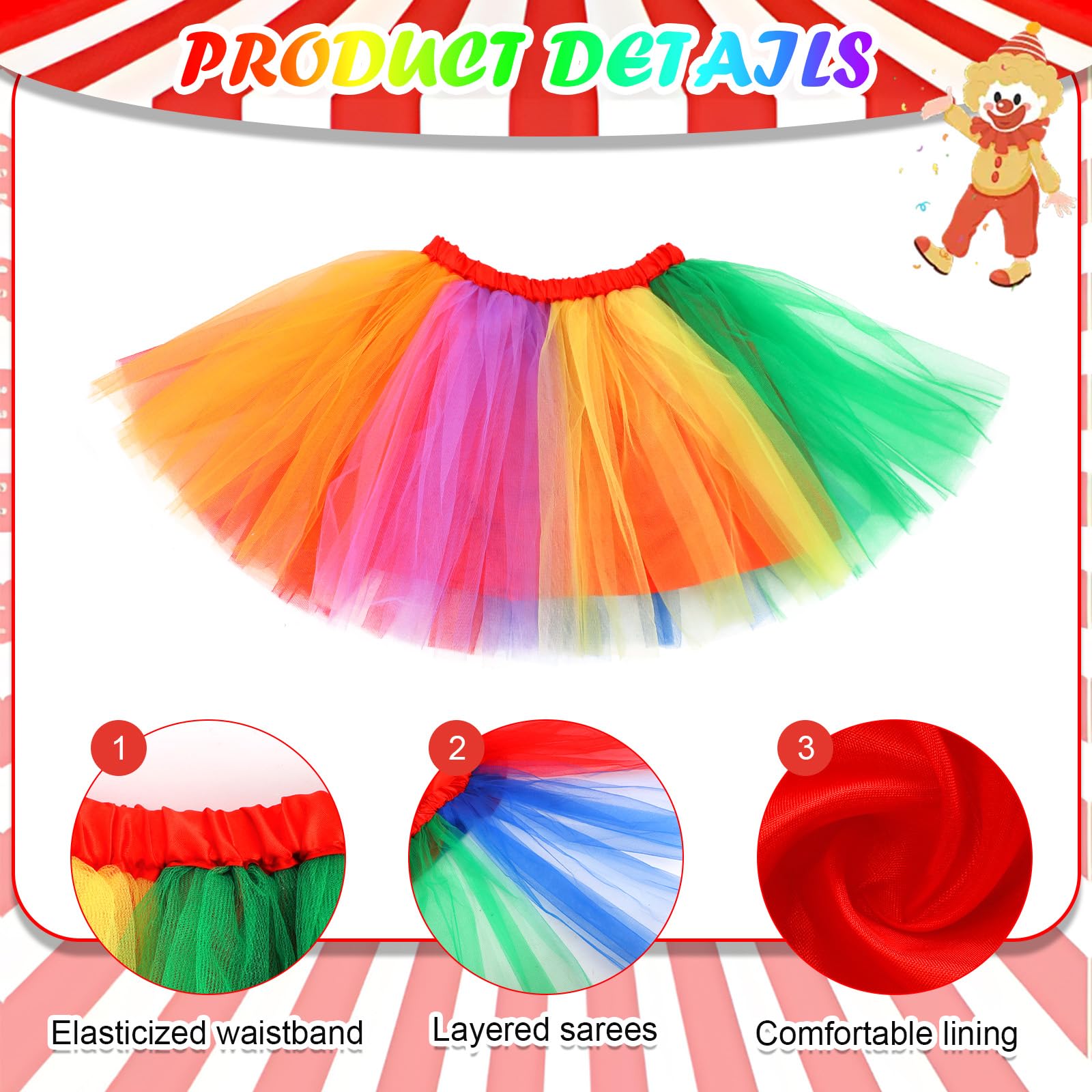 7 Piezas Disfraz Payaso Mujer Adulto, Disfraz Circo, Tutu Arcoíris Nariz de Payaso Pegatinas para la Cara Diadema de Plumas y Calcetines Arcoíris Guantes Tirantes