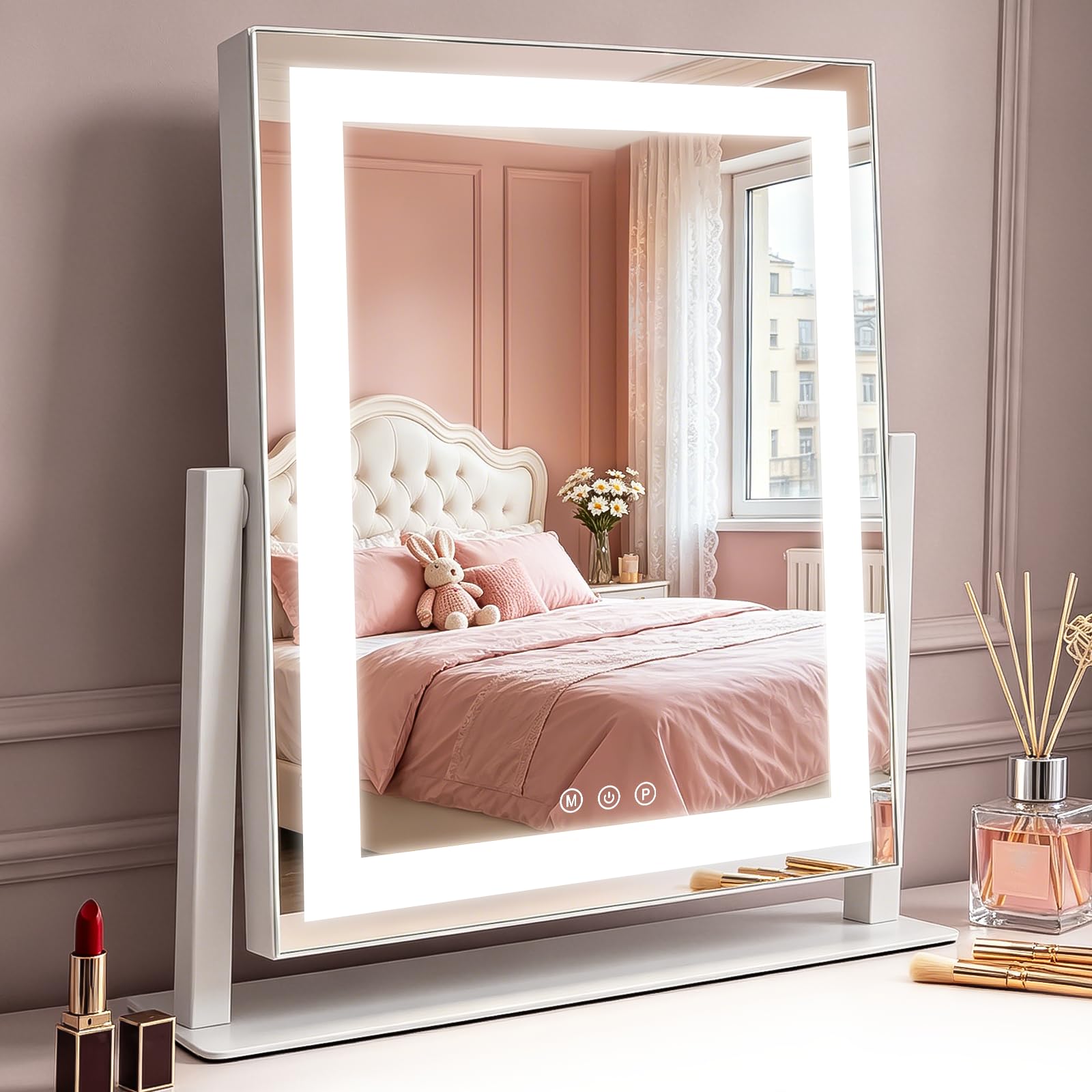 Mursche Schminkspiegel mit Beleuchtung Hollywood Spiegel,25×30CM LED Schminktisch Kosmetikspiegel Mit Licht,Make Up Vanity Mirror with Light 360°Drehung Klein Tischspiegel 3 Modi Touch Dimmbar