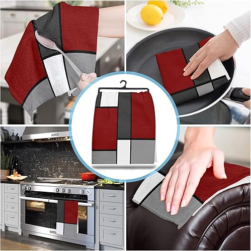 Miniatura 4 de Toallas de cocina de color granate oscuro, negro, gris, blanco, de microfibra suave, reutilizables, arte moderno de geometría abstracta, lavable