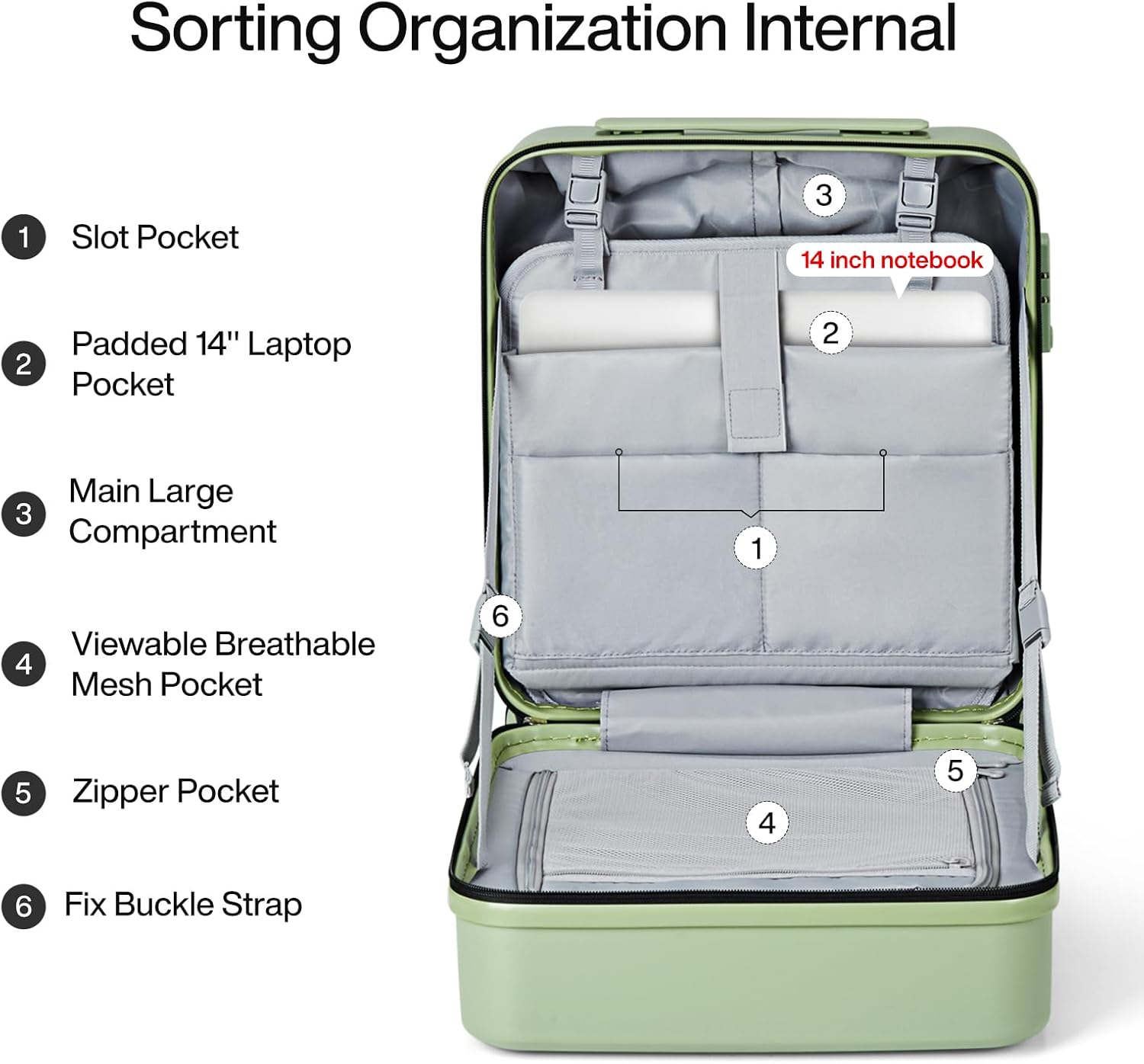 MILADA Underseat Carry On Luggage With Wheels 16 Inch Small Suitcase Underseat Carry On bag Mini Travel Luggage Personal Item Hard Case Luggage TSA Approved Luggage,Bamboo Green - Image 6