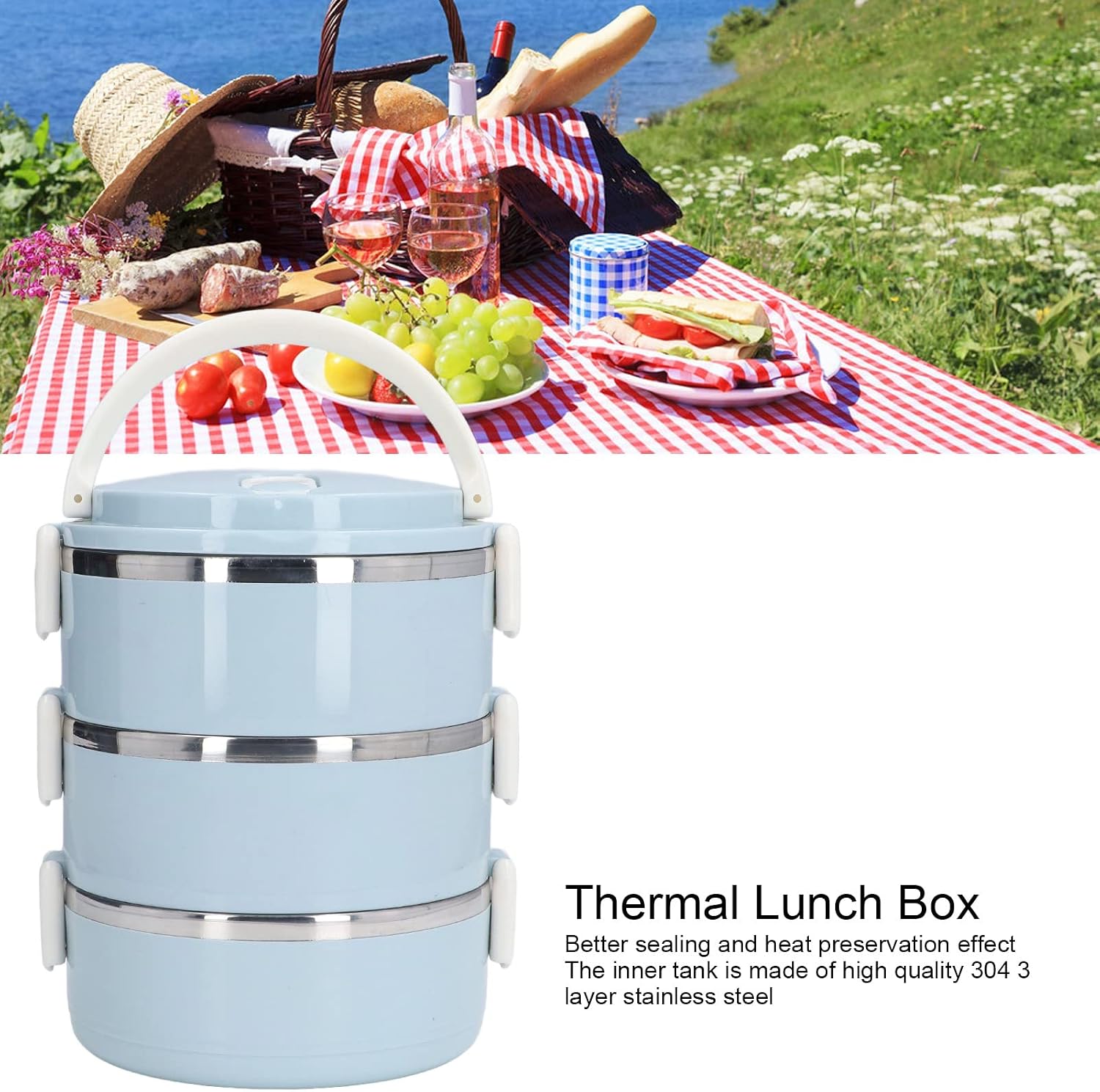 Thermal Lunch Box,3 Tier Stainless Steel Thermal Lunch Box For Adults Office Camping,Home Stackable Stainless Steel Thermal Compartment Lunch/Snack Box Compartment Lunch Container