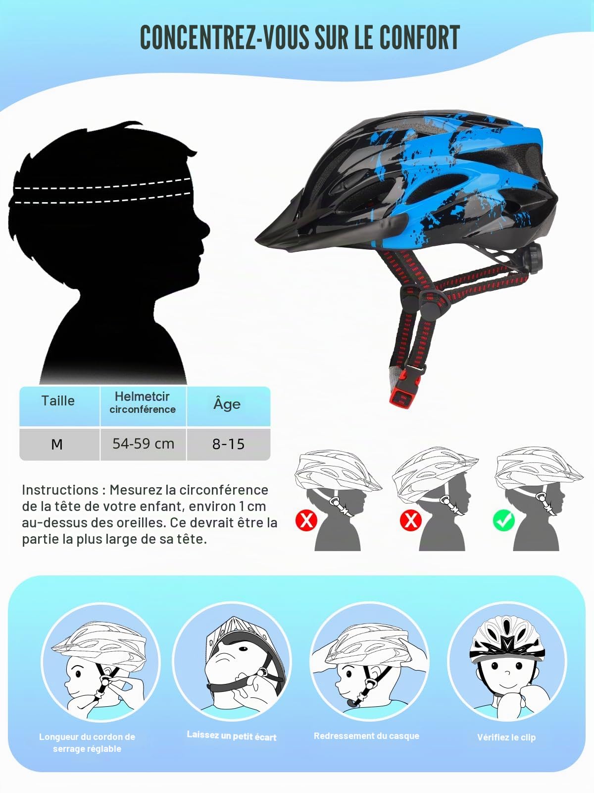 Casque de Vélo Réglable Enfants 50 à 59 cm, Garçons et Filles de 5 à 15 Ans | Design Coloré pour Enfants, Visière Amovible, Léger et Aéré, Multi-sport pour Vélo, Scooter, Patinage, Cyclisme
