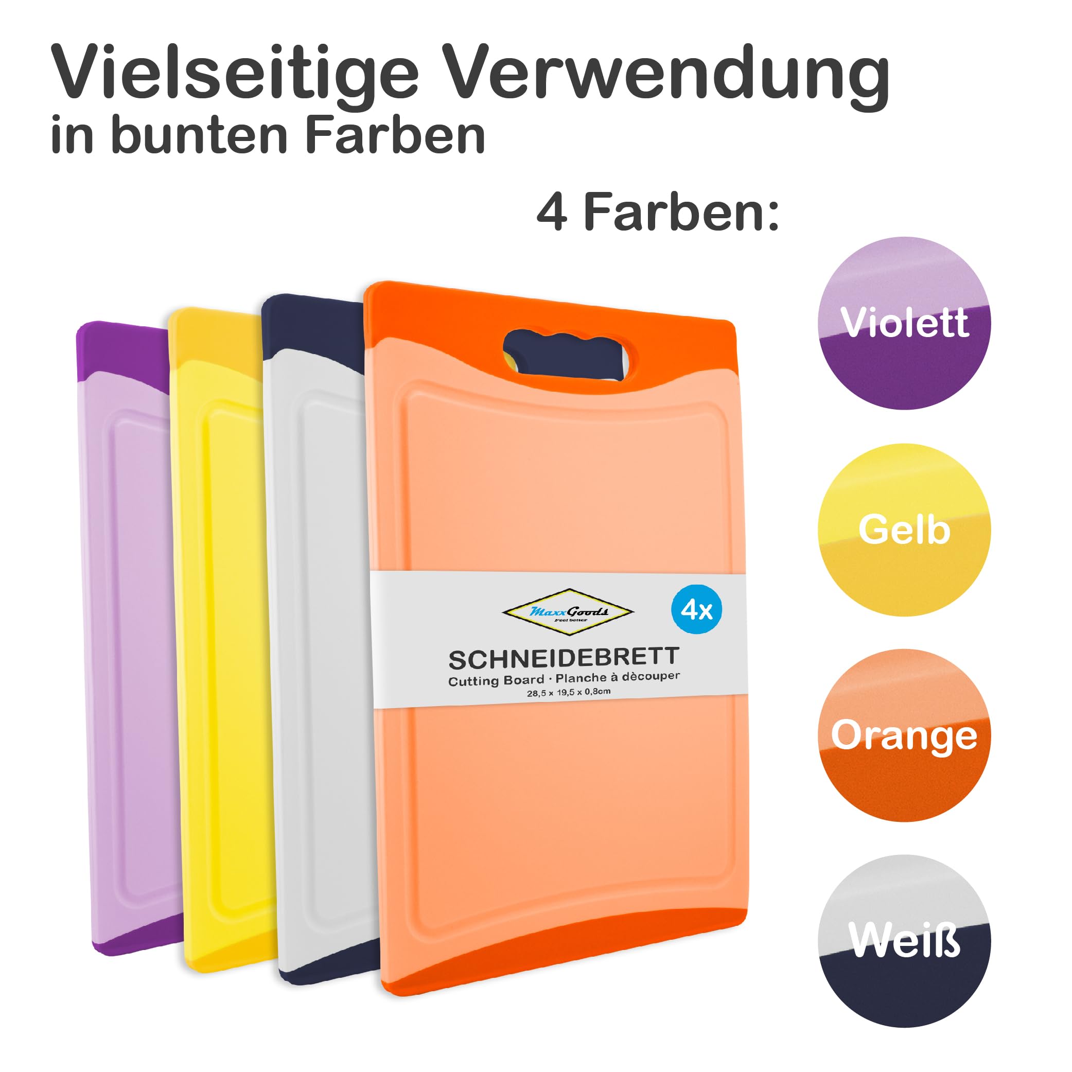 Schneidebrett SET 4-teilig bunt, mit Saftrille & Griff - Antibakteriell - Hackbrett, Kunststoffbrett beidseitig verwendbar & Spülmaschinenfest - (28,5x19,5x0,8 cm)