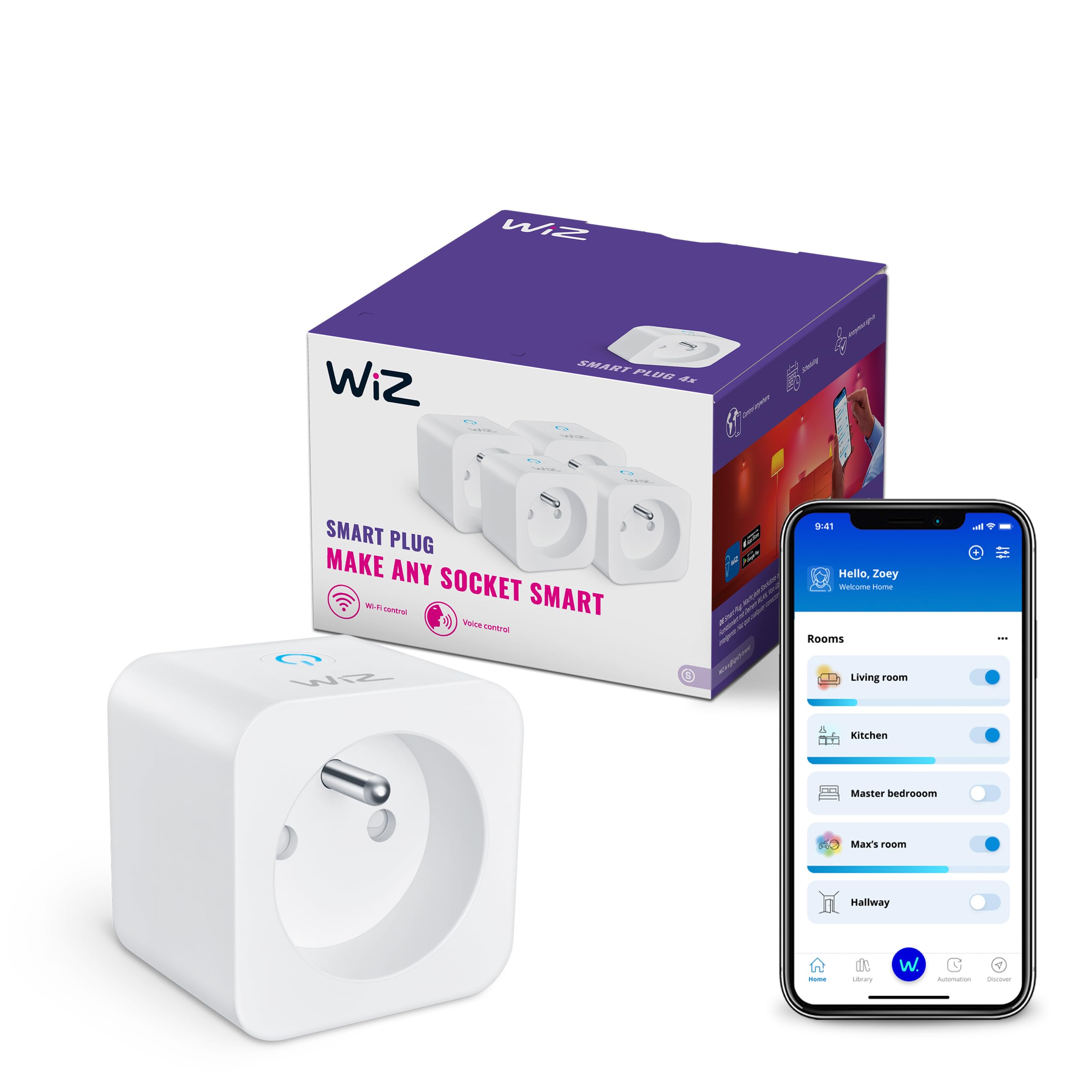 WiZ Smart Plug Wi-Fii, Type E, 230 V, 50 Hz, Installation Facile, Certifié Matter, Contrôles Intelligents, Commande Vocale, Compatible Alexa, Google Home et Apple Home, Pack de 4