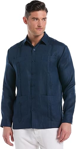 Cubavera Camisa guayabera de manga larga con cuatro bolsillos 100% lino para hombre, detalle de pintuck, ajuste relajado (disponible en tallas