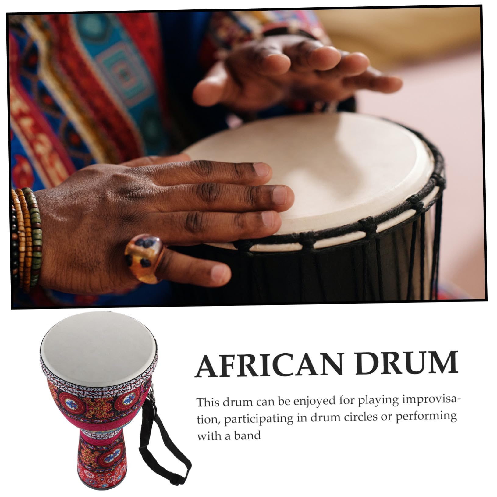 Djembé Africano Pequeño PVC 8, 5 Pulgadas para Niños y Principiantes | 1 Pieza, Correa y Cuerda Incluidas, Patrón Pintado a Mano, Uso en Escuela Banda Estilo Aleatorio