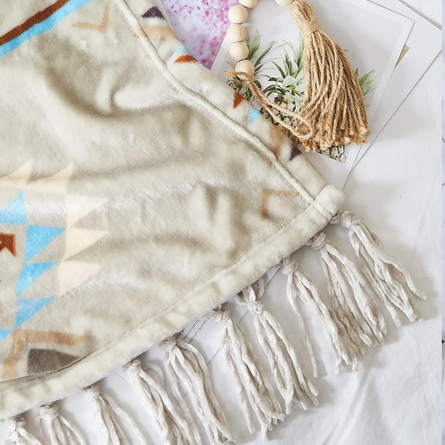 CASAAGUSTO Boho Throw Blanket - Green and Beige Decorative Blankets with Tassel, Printed Flannel Bohemian Blanket for Chair, Bed, Sofa, Couch(50 * 60, Green and Beige) - Image 7