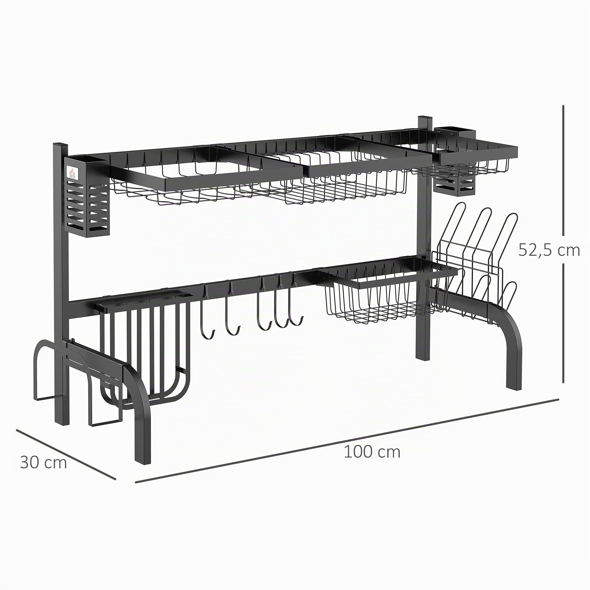 HOMCOM Abtropfgestell Geschirr 2-stufig mit Haken 100 cm Stahl Schwarz | Abtropfständer, Tellerregal, Zubehör, Abtropfgitter Gestell für Küchenspüle