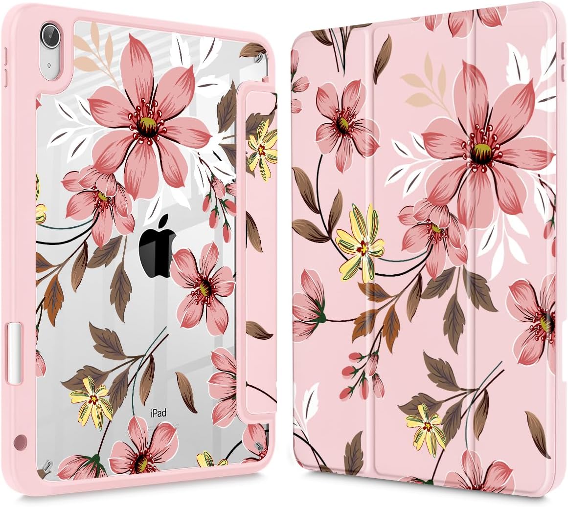 Mektron Case for 2025 iPad 11 inch (A16 Chip) 11th Gen Fit iPad 10th Gen10.9 inch 2022, Buit in Pencil Holder with Shockproof Cover Clear Shell + Trifold Stand + Auto Wake/Sleep, Floral C293