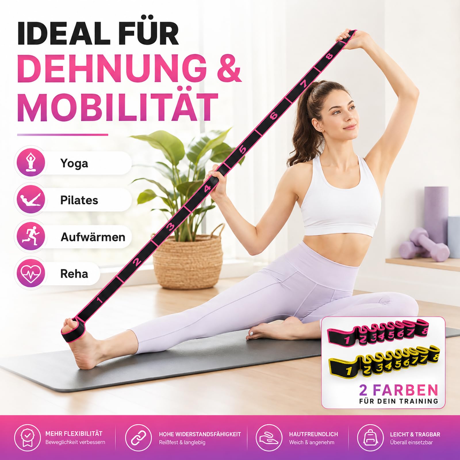 2 Pezzi Fascia Elastica per Yoga, Fasce Elastiche di Resistenza, Bande di Allenamento per Ginnastica, Fascia Esercizio Regolabile con Più Anelli, per Fitness, Danza, Ginnastica (Rosa+Giallo)