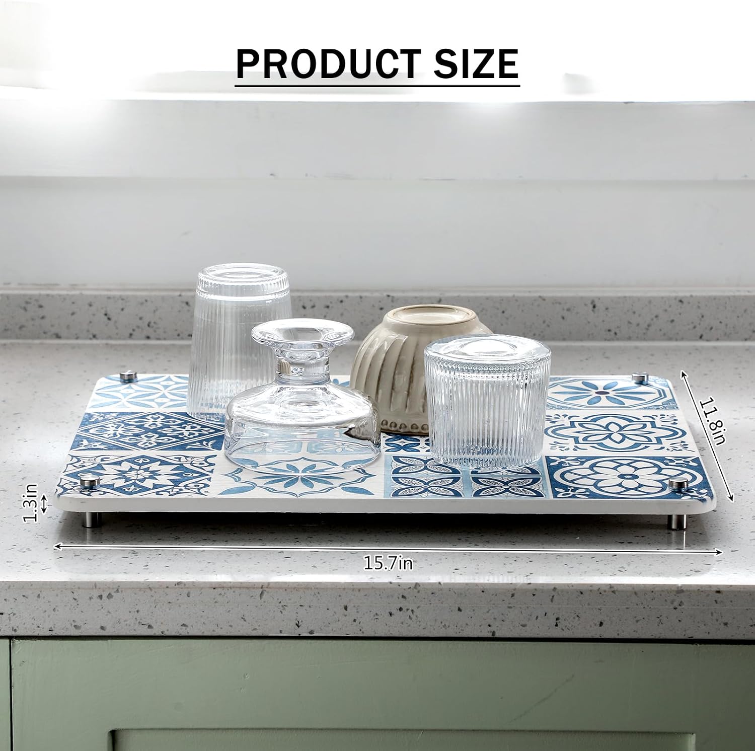 Blue Mediterranean Tile Stone Dish Drying Mat for Kitchen Counter, 15.7"x11.8" Diatomaceous Earth Mat with Stainless Steel Feet, Rapid-dry Technology, Non-slip, Heat Resistant