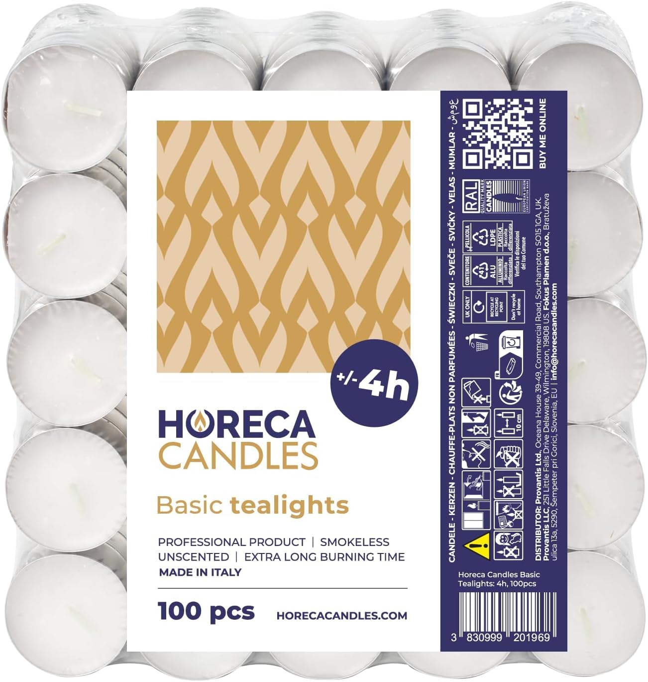Horeca Candles - Velas de té Blancas - 4 Horas de Duración - Paquete de 100 Unidades - Candelitas Decorativas Sin Perfume - Para Boda, Relajación, Cumpleaños