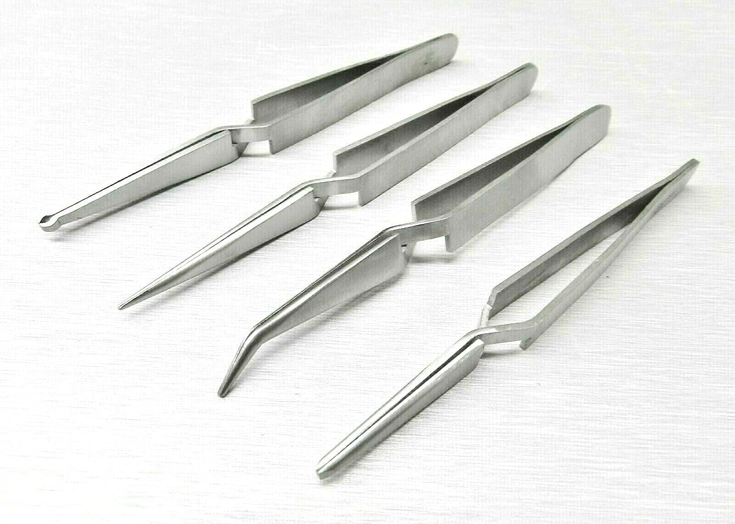 Jewelry Making Tweezers 4.5" Cross Locking Curved, Straight, Blunt Tip and Wire Holding Set of 4