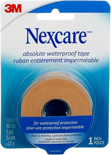 Nexcare Cinta impermeable absoluta, cinta médica de espuma flexible, asegura el apósito y mantiene las heridas secas, 1 pulgada x 5 yardas, 1 rollo